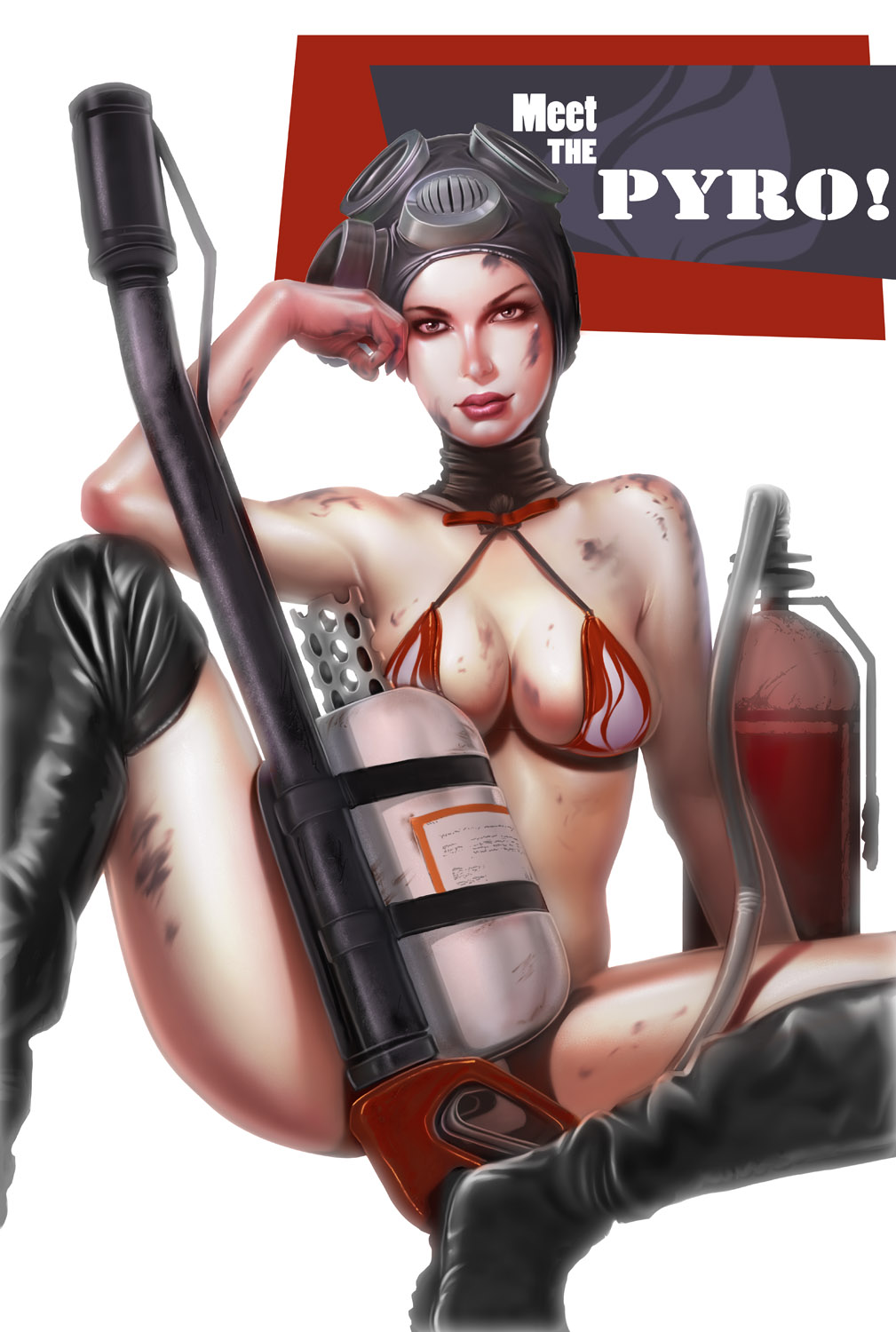 andrew_hibner beige_skin bikini boots breasts brown_eyes closed_mouth clothes color dirt female female_only fempyro flamethrower footwear front_view human looking_at_viewer mask open_eyes pose pyro pyro_(team_fortress_2) rule_63 sitting solo team_fortress_2