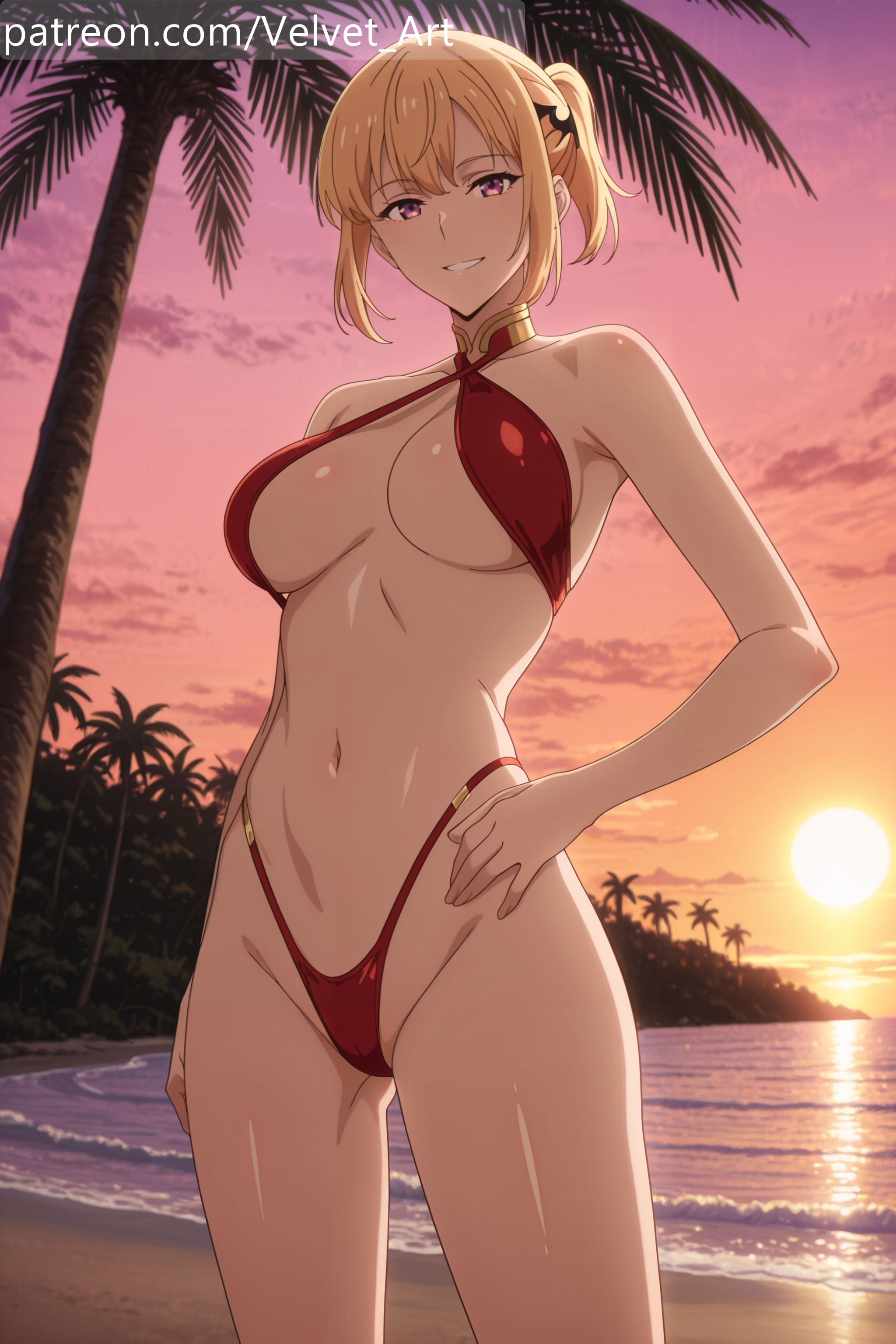 ai generated, bikini, blonde hair, cha hae in, cha hae-in, female, female only, large breasts, looking at viewer, perfect body, solo leveling, velvetart