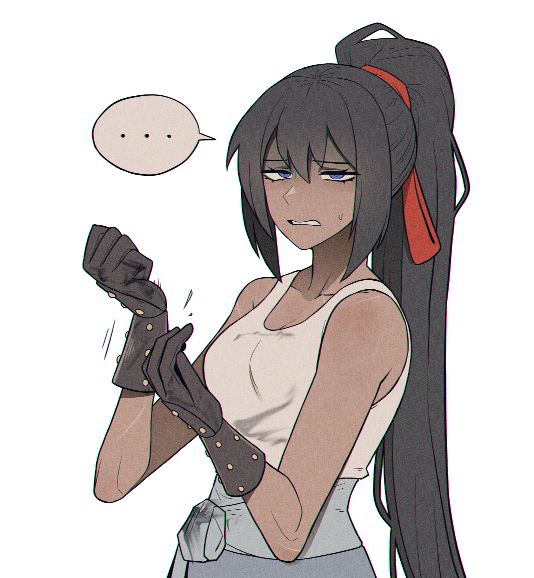 ..., 1girls, bare shoulders, caught, dark skin, dark-skinned female, disgusted, disgusted look, female, female only, gloves, im gyeong-eop (limbus company), limbus company, looking at viewer, misg1111, ponytail, project moon, removing glove, scars, shaded face, sweat, sweaty hands, tank top