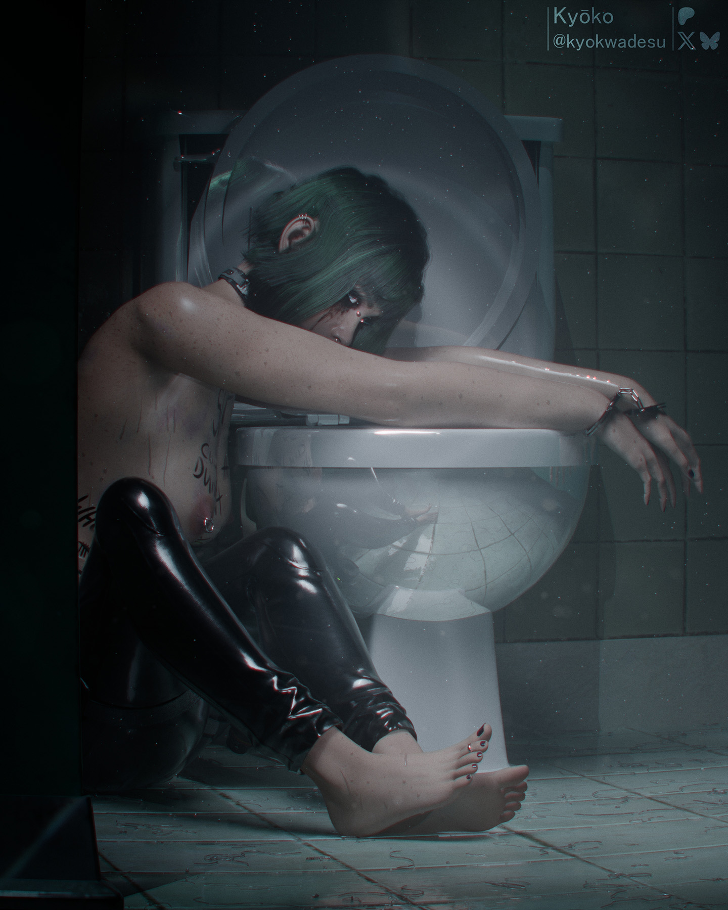 1girls, 2026, 3d, alt girl, areolae, bangs, barefoot, black lipstick, black makeup, black nail polish, black toenail polish, blue eyes, body writing, breasts, bridge piercing, collar, cuffed, dyed hair, ela (rainbow six), ela bosak, eyeshadow, feet, female, female only, handcuffed, kyokwadesu, lipstick, mascara, mascara tears, nail polish, nipple piercing, nipples, nose piercing, nose ring, painted nails, painted toenails, pierced nipples, piercing, piercings, rainbow six, rainbow six siege, ruined makeup, sitting, sitting on ground, slave collar, solo, teal hair, toenail polish, toes, toilet, topless, topless female
