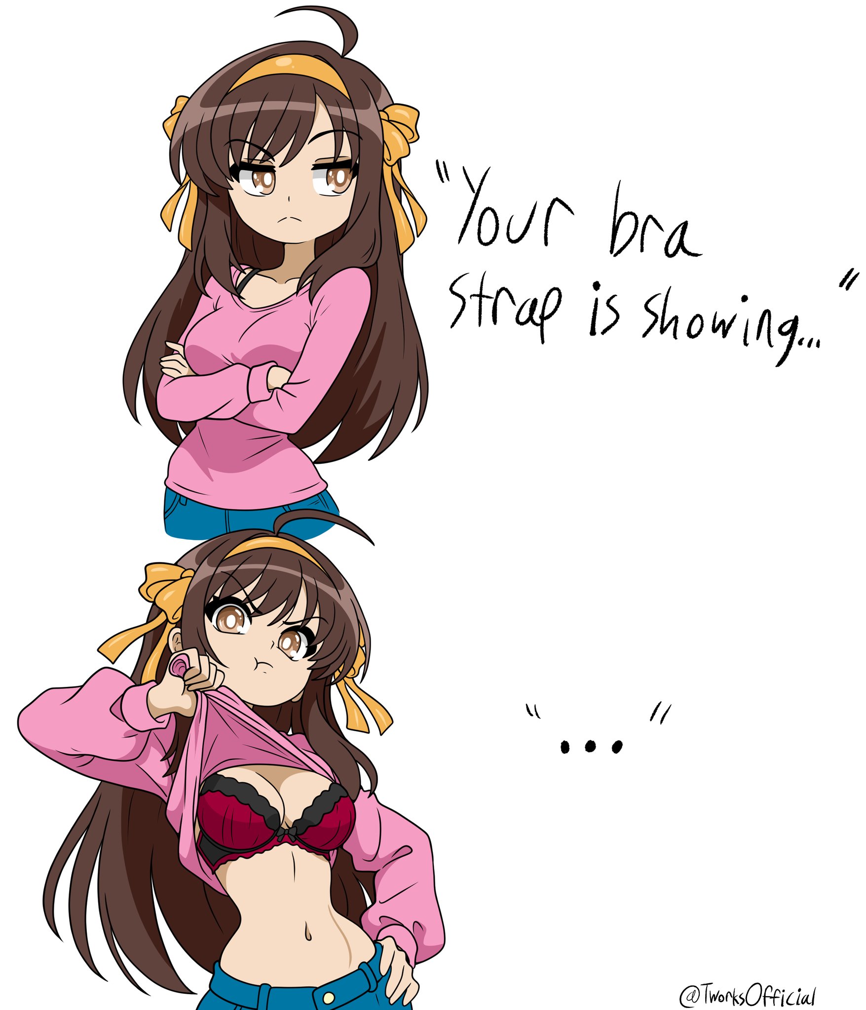 1girls, bra, bra strap is showing (meme), breasts, female, pout, suzumiya haruhi, suzumiya haruhi no yuuutsu, t-works, tagme, the melancholy of haruhi suzumiya