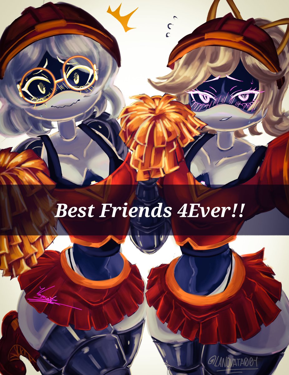 2girls, blonde hair, breasts, cheerleader, cheerleader outfit, cheerleader uniform, female, female focus, female only, lanovata001, lizzy (murder drones), murder drones, panties, peace sign, pom poms, robots, smile, smiling, thick thighs, thighs, v (murder drones), white background