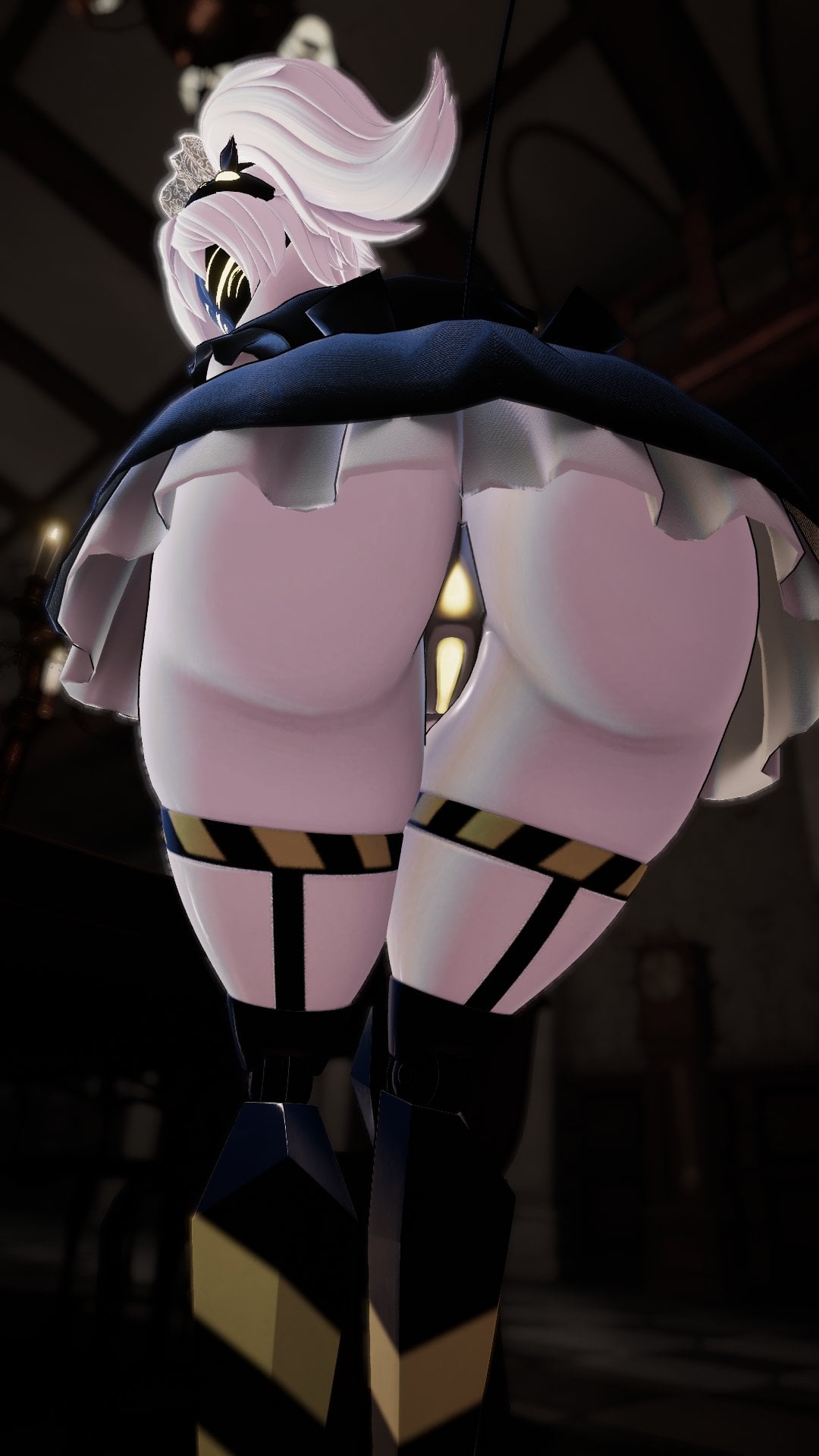 1girls, ass, big ass, big butt, bow, female focus, female only, grey hair, huge butt, j (murder drones), maid uniform, murder drones, pussy, showing ass, silver2299, smile, smiling, smiling at viewer, tail, thick thighs, thighs, tiara, yellow eyes