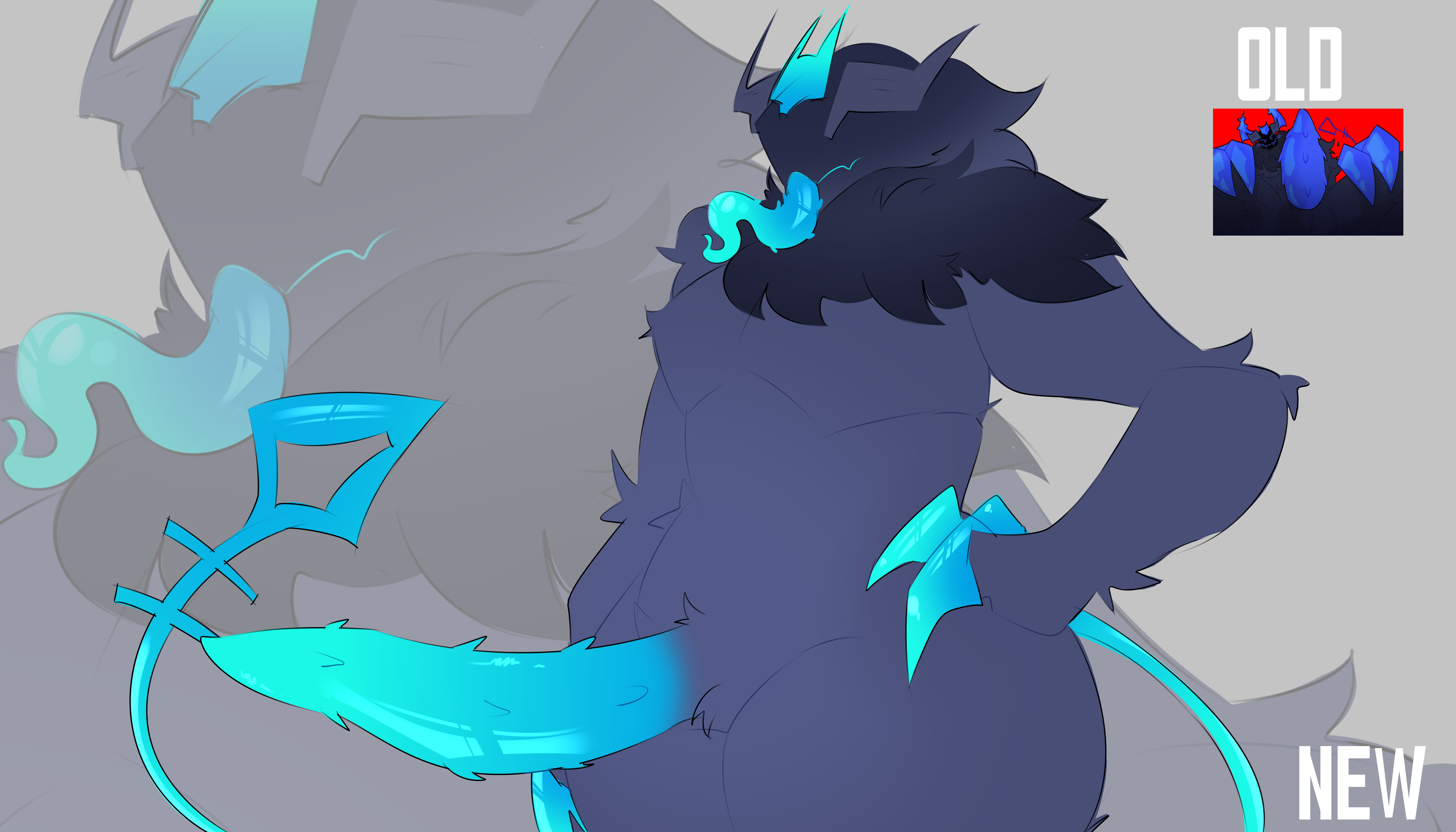 anthro, anthro only, big muscles, blue glow, character design, dark fur, demon, dick, fanart, fanart from twitter, fluffy, forsaken (roblox), from behind, from behind position, furry, furry art, furry artwork, furry male, glowing, glowing genitalia, glowing horns, glowing penis, glowing tail, guest 666, guest 666 (forsaken), horns, large tail, long tail, male, male only, mane, muscular, muscular male, penis, redesign, roblox, roblox game, side view, sixericy, solo, solo focus, tail