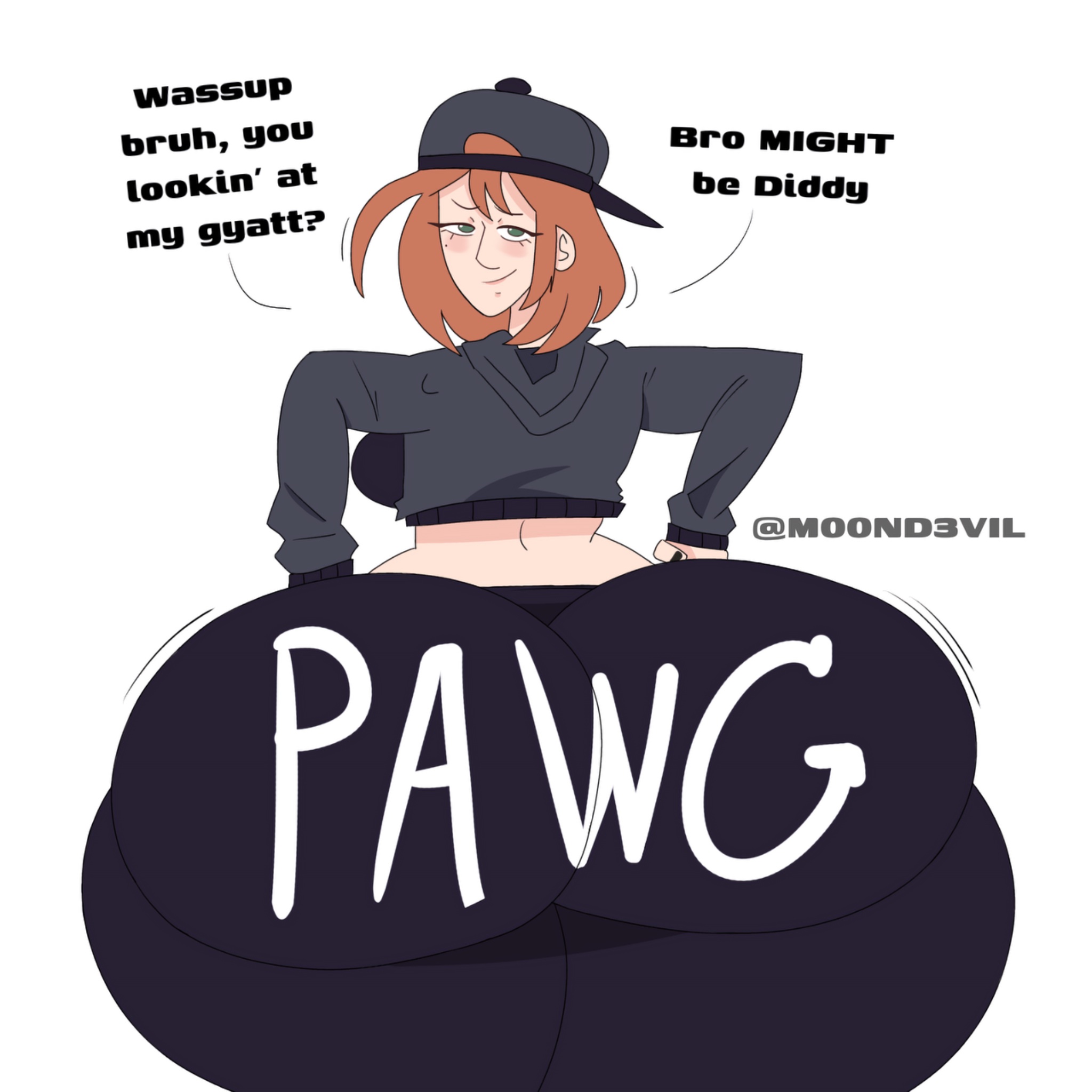 1girls, ass, booty, breasts, butt, clothed, dialogue, english text, fanart, gen z slang, green eyes, huge ass, orange hair, pawg, sarah stacy (dotodonoto), sideways hat, standing, text, urban fashion, zoomer slang
