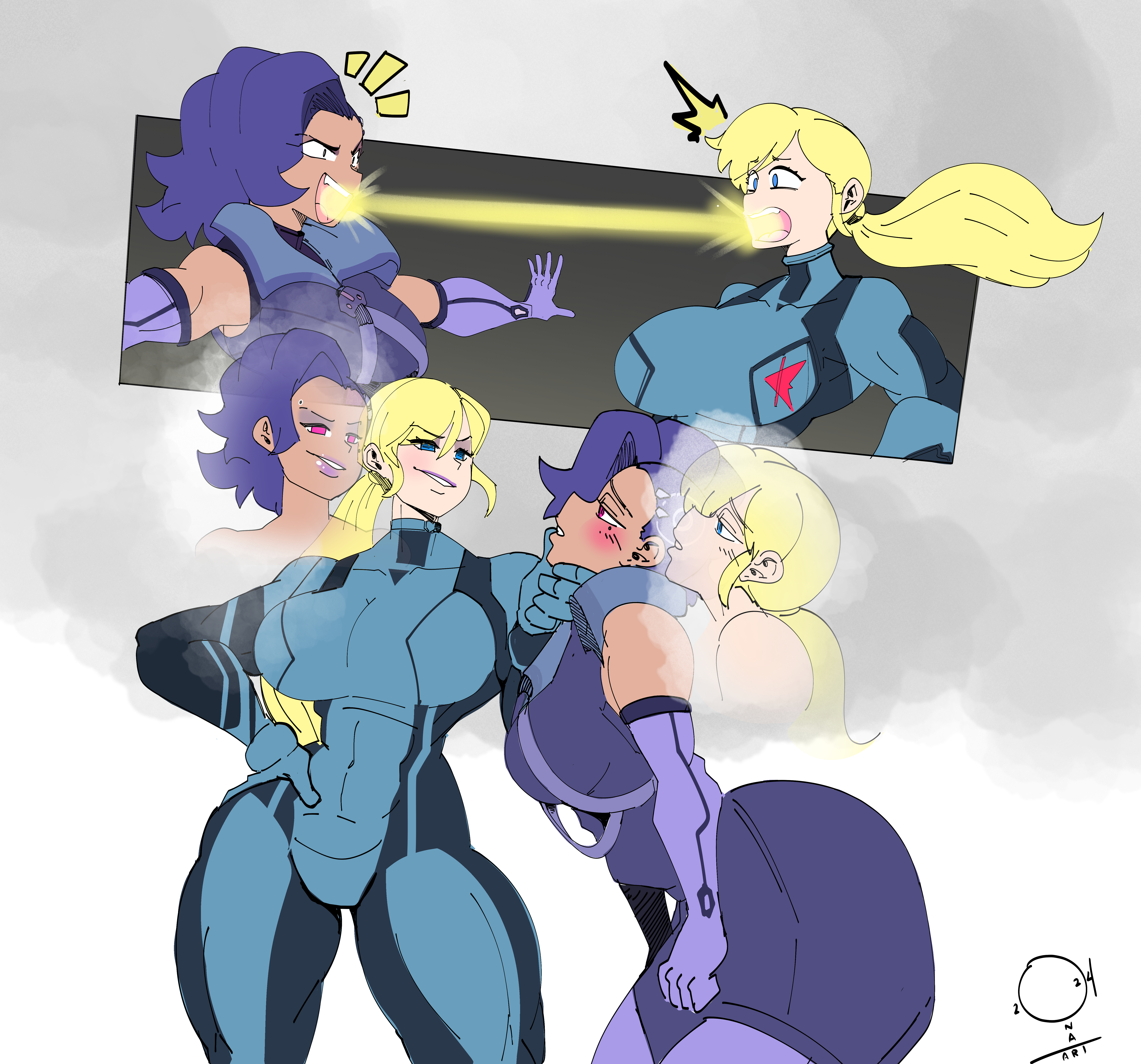 2girls, blizzard entertainment, blonde hair, blue eyes, body swap, bodysuit, crossover, curvy figure, dark-skinned female, dominant female, female, female only, femdom, huge ass, huge breasts, interracial, metroid, multiple girls, muscular female, nintendo, onat, overwatch, purple hair, samus aran, smirk, smug, sombra, submissive female, thick thighs, toned female, yuri