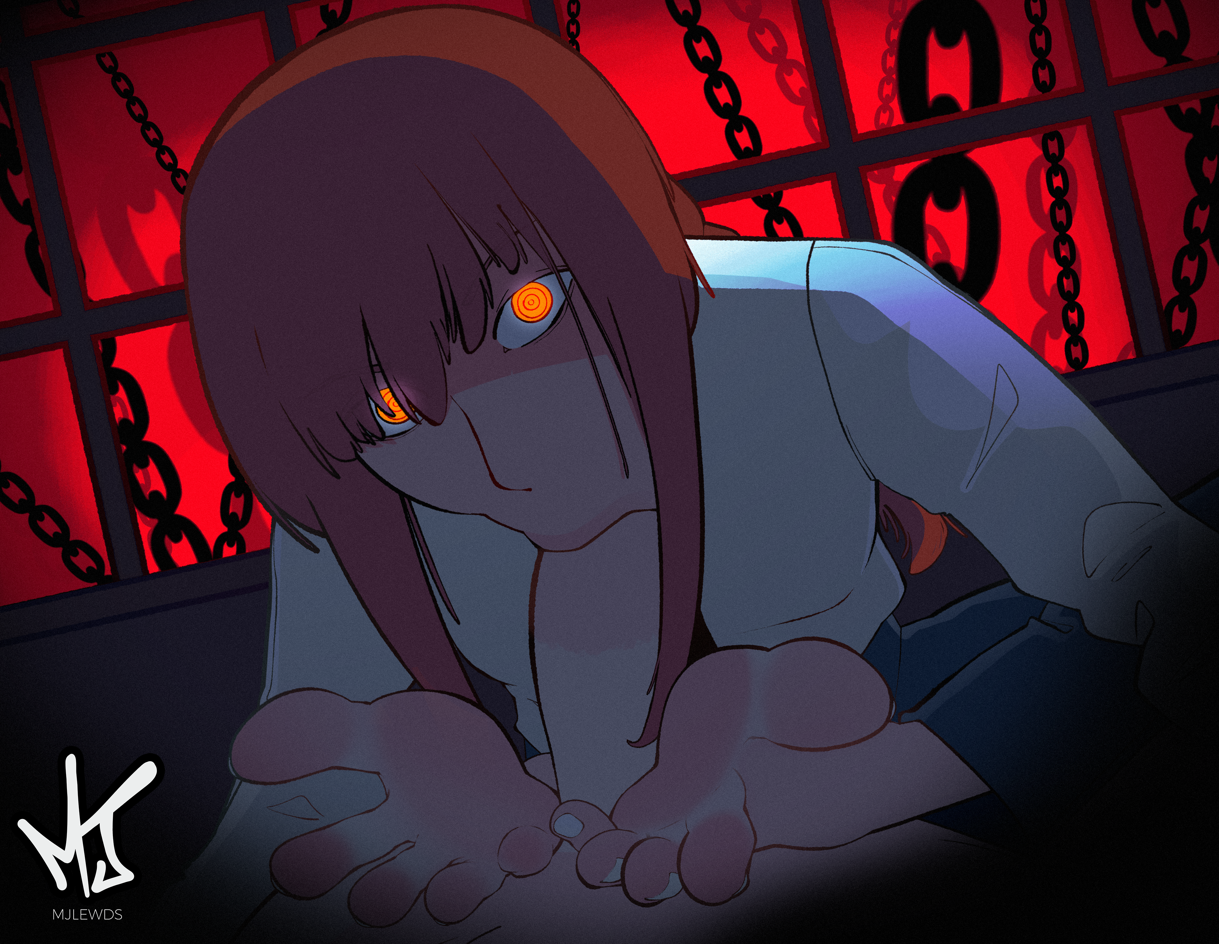 barefoot, blowjob, blowjob footjob, chainsaw man, circumcised, feet, flowjob, foot fetish, footjob, makima (chainsaw man), mjlewds, oral, orange eyes, pink soles, soles, toes