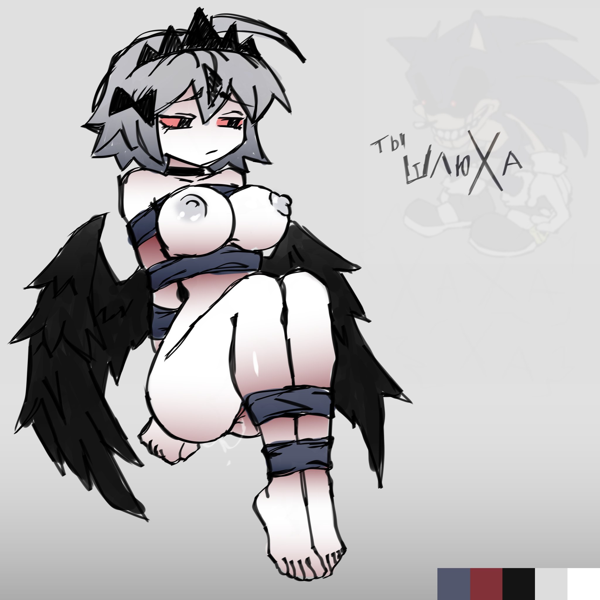 alice (fundamental paper education), angel wings, bdsm, big boobs, binding, black wings, boobs, drok1ch, emo, emo girl, emo hair, female, female only, fpe, fundamental paper education, orgasm, red eyes female, sad face, shackled, sitting, solo, sweat, tiara, wings