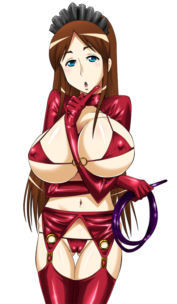 blue_eyes bra breasts brown_hair cameltoe erect_nipples hinoki hiyorimi_sawawa huge_breasts kaibutsu_oujo monster_princess panties princess_resurrection sawawa_hiyorimi stockings whip