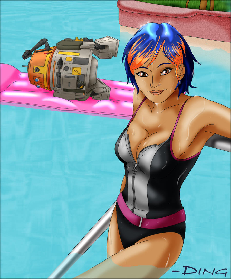 astromech_droid beach black_clothing black_swimsuit blue_hair breasts chopper_(star_wars) cleavage clothed clothing colored_hair dastigy droid float happy looking_at_viewer lying lying_on_side medium_breasts multicolored_hair one-piece_swimsuit outdoors pool railing robot sabine_wren sand smile standing star_wars star_wars_rebels swimsuit water wet