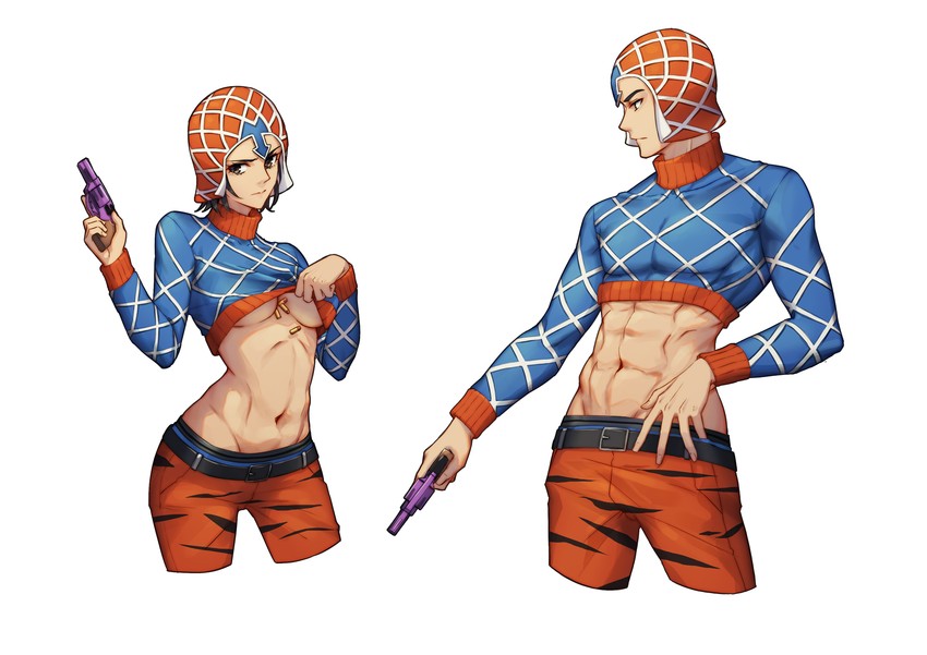 1boy, abs, belt, black hair, breasts, brown eyes, bullet, clothes lift, cowboy shot, crop top, dual persona, expressionless, female, genderswap, genderswap (mtf), groin, guido mista, gun, handgun, hat, highres, jojo's bizarre adventure, long sleeves, male, medium breasts, navel, orange headwear, pants, profile, revolver, rule 63, shirt lift, short hair, si tong, simple background, turtleneck, underboob, vento aureo, weapon, white background