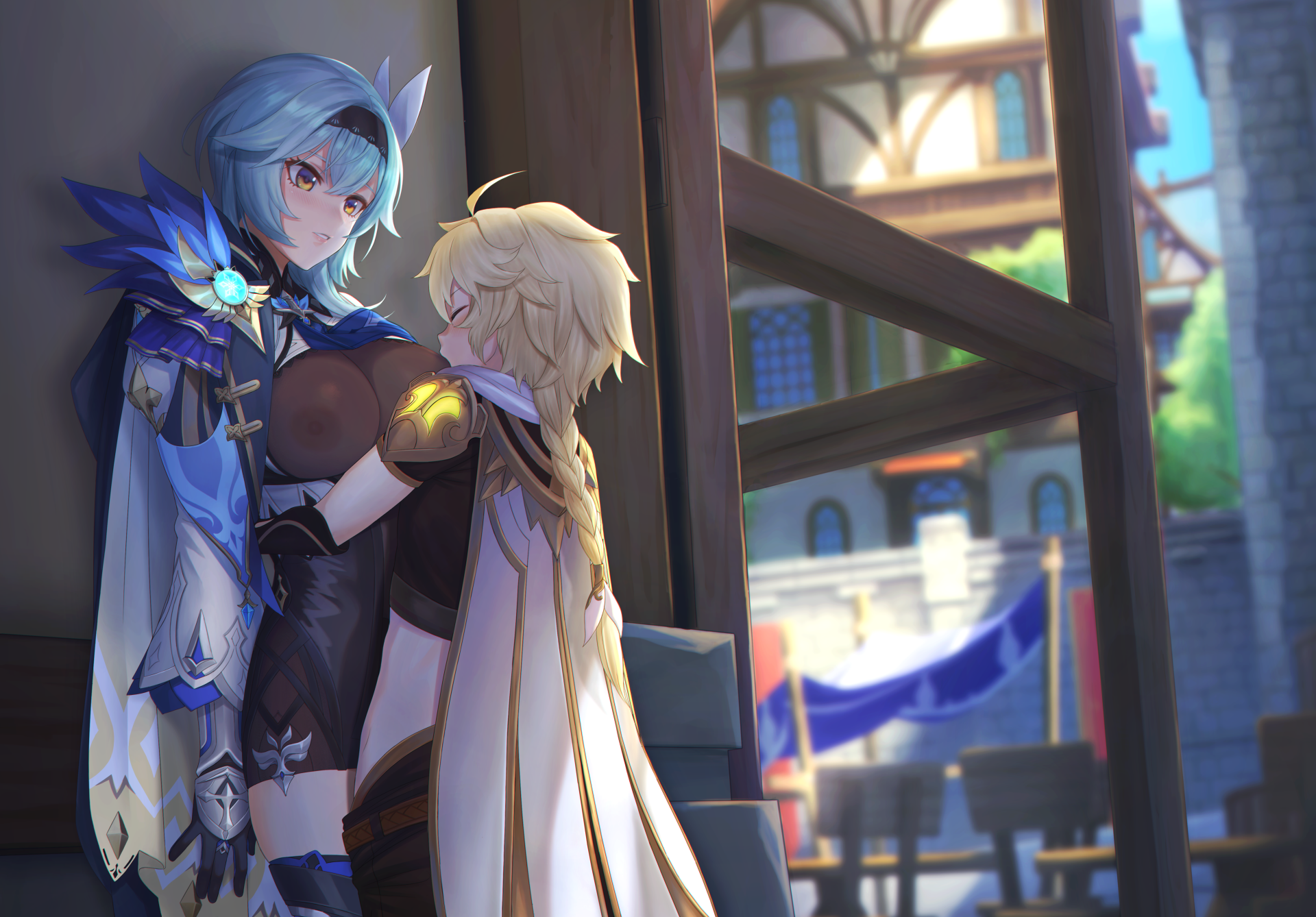 1boy, 1girls, aether (genshin impact), against wall, bajima shouhei, blonde hair, blue hair, blush, bodysuit, braided ponytail, breast sucking, breast sucking through clothes, breasts, breasts out, cape, closed eyes, clothed sex, erect nipples, erect nipples under clothes, eula (genshin impact), female, frontal standing penetration, genshin impact, happy sex, hi res, hug, human, human female, human male, large breasts, larger female, light-skinned female, male, midriff, nipples, outdoors, pants, pants down, public, see-through, see-through clothing, sex, size difference, slim waist, smaller male, smile, standing, standing missionary, standing sex, stealth sex, straight, sucking