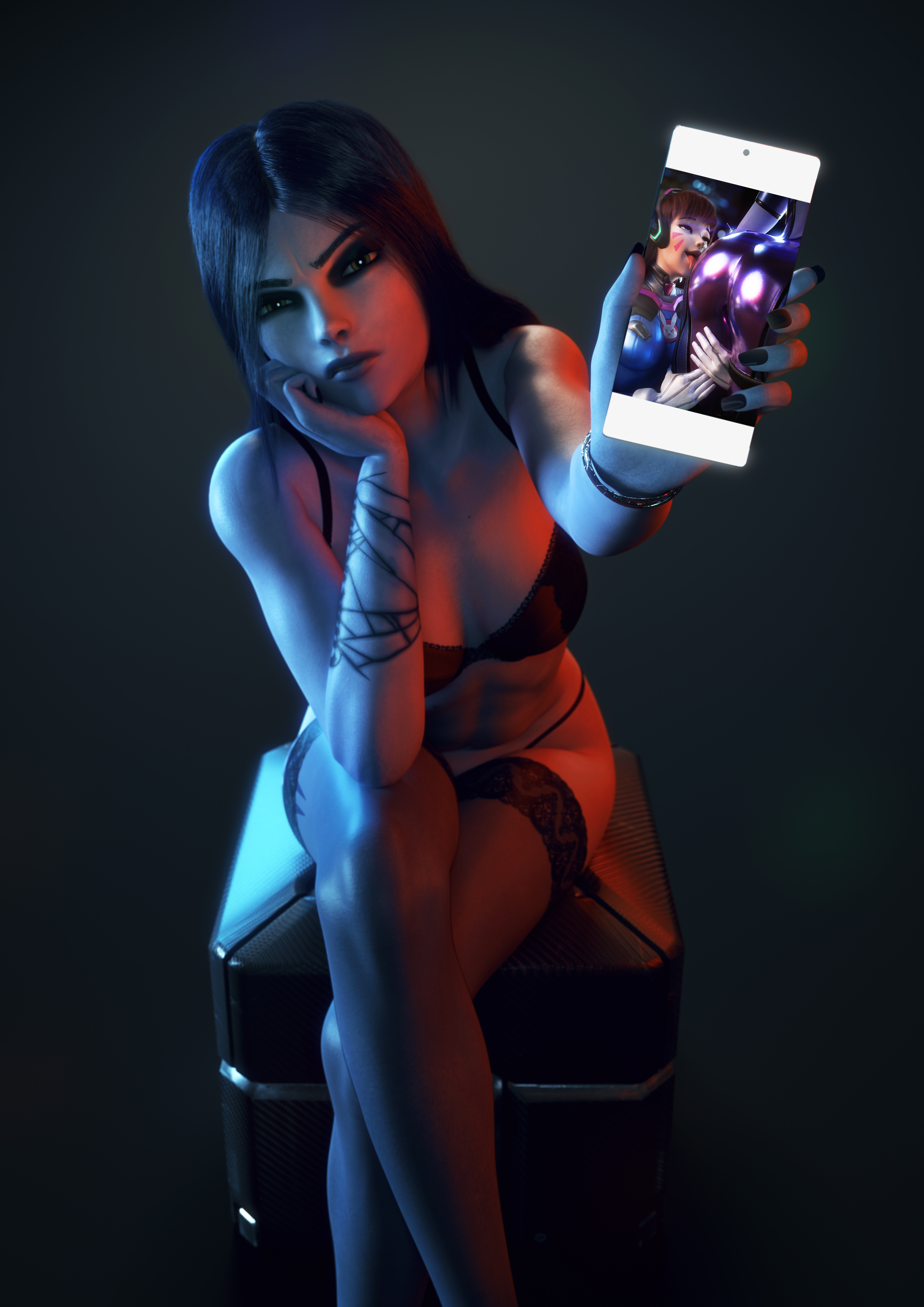 2021, 2girls, 3d, 3d (artwork), absurdres, angry, ass, ass worship, big ass, bodysuit, bra, d.va, female, female only, highres, lingerie, looking at viewer, lootbox, no sex, overwatch, panties, phone, presenting photo, showing phone, sitting, solo, solo female, stockings, thong, tight clothing, underwear, vgerotica, widowmaker, yuri