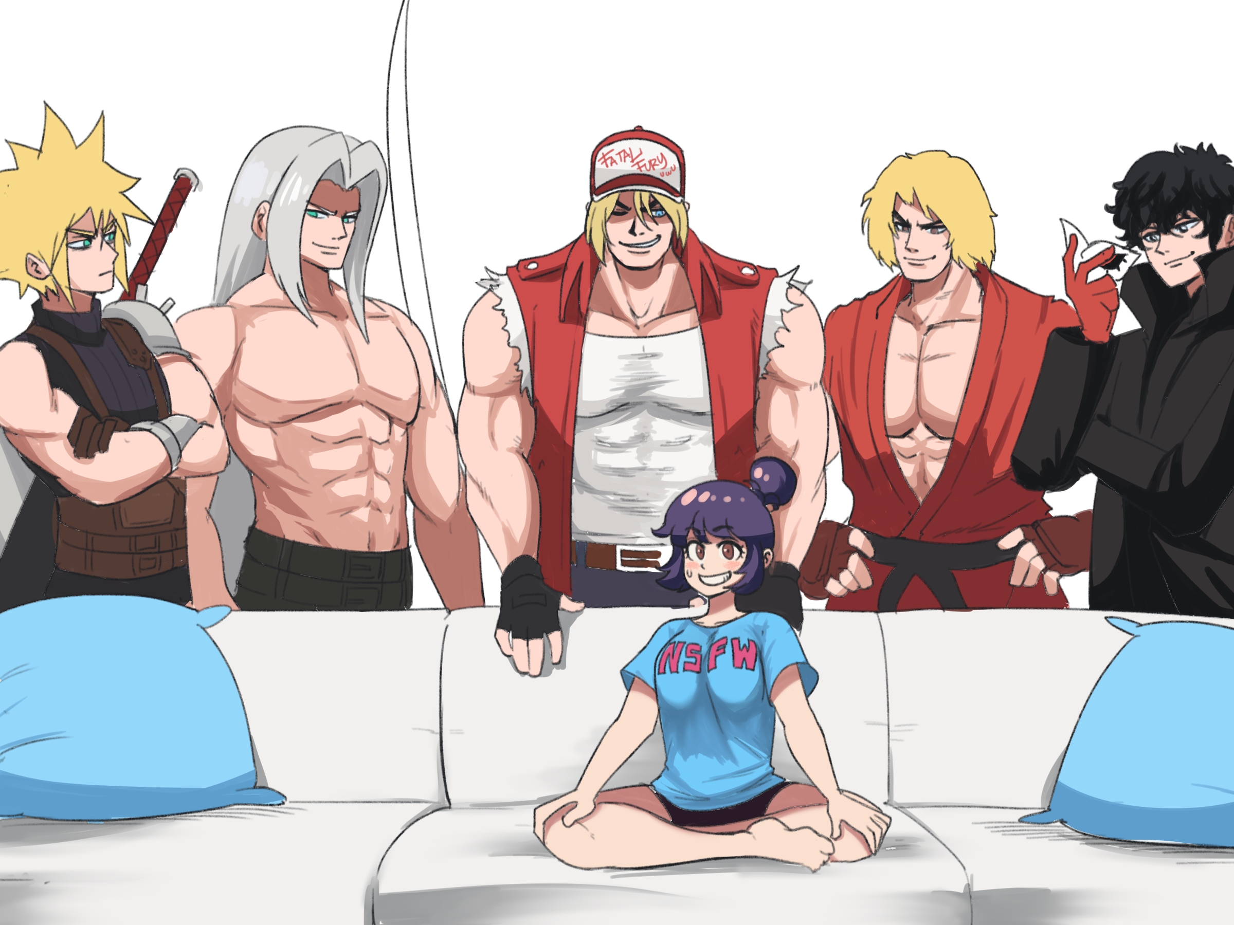 1girls, 5boys, atlus, cloud strife, crossover, fatal fury, female, final fantasy, final fantasy vii, joker (persona), ken masters, male, megami tensei, meme, multiple boys, multiple males, nintendo, persona, persona 5, piper perri surrounded, ren amamiya, self insert, sephiroth, street fighter, super smash bros., tagme, terry bogard, tina (tinafate1), tinafate1