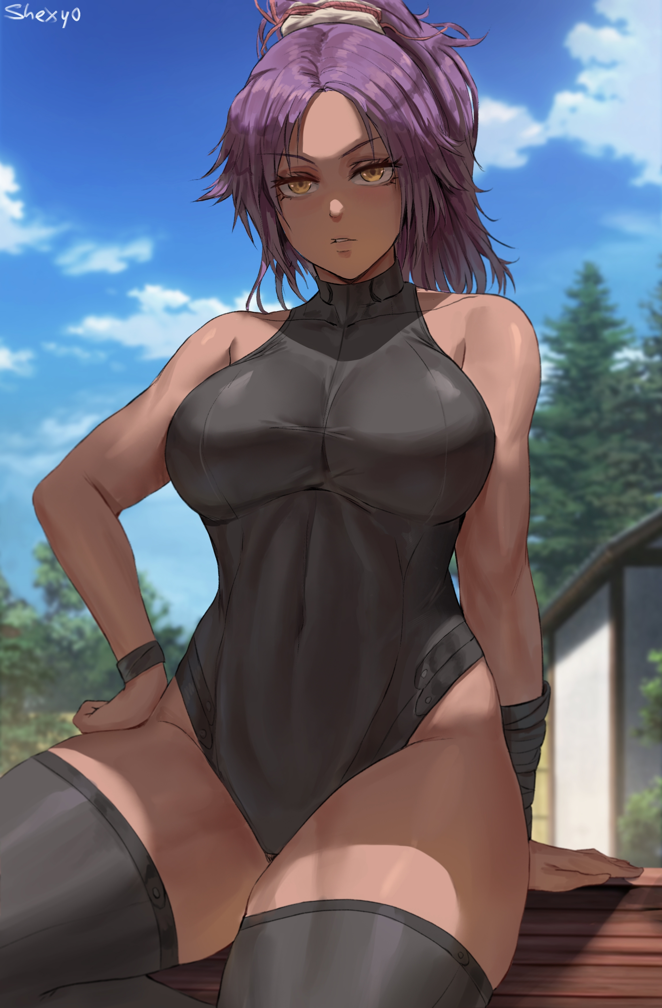 1girls, abs, big breasts, bleach, breasts, cutesexyrobutts (style), dark hair, dark skin, dark-skinned female, female, female focus, female only, fully clothed, hand on hip, high resolution, highres, leotard, outside, purple hair, purple-haired female, shexyo, shihouin yoruichi, sitting, solo, solo female, solo focus, tagme, thigh highs