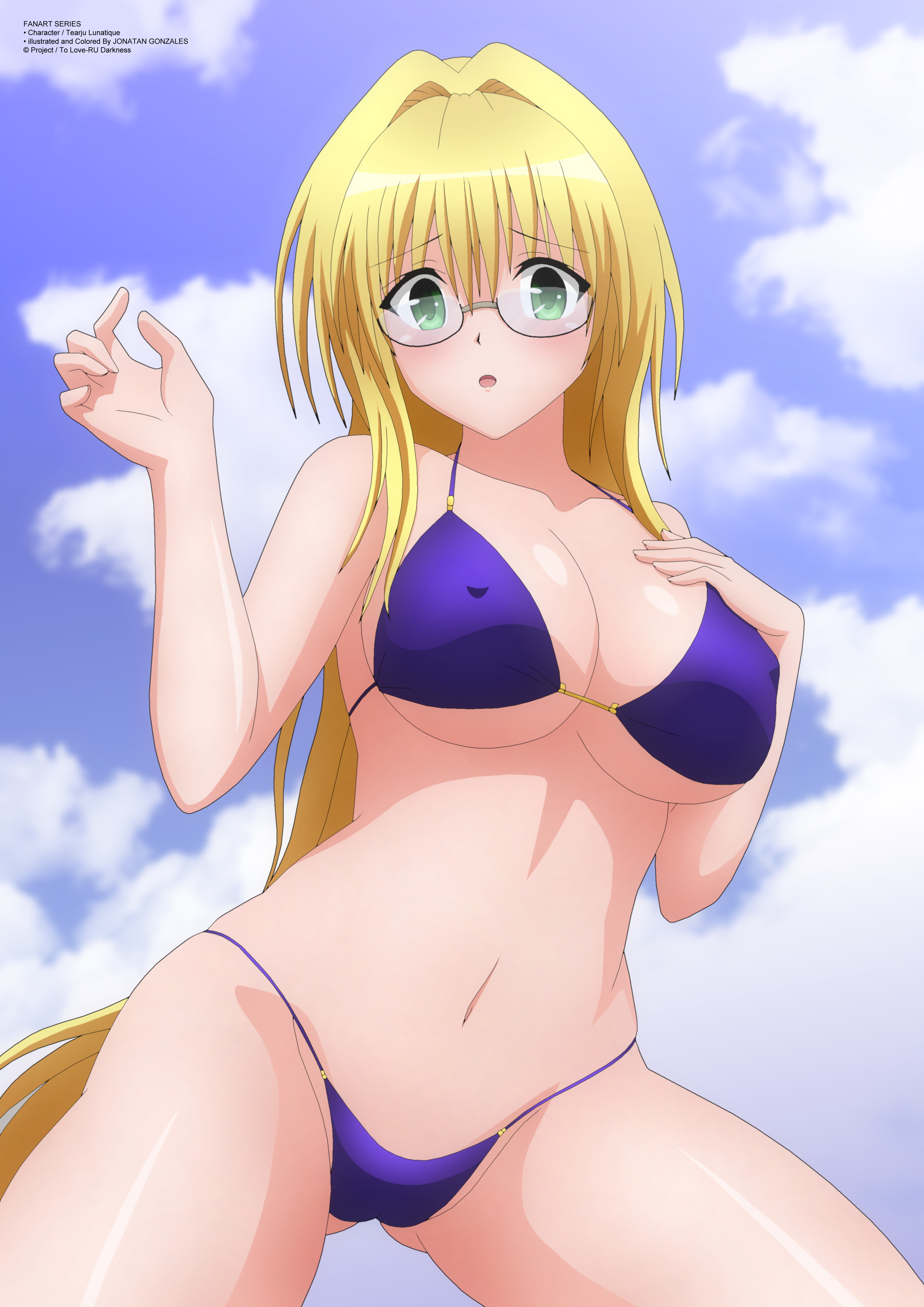 1girls, big breasts, bikini, blonde hair, breasts, female, female only, glasses, green eyes, high resolution, highres, large breasts, long hair, looking at viewer, nipple bulge, nipples, nipples visible through clothing, purple bikini, shounen jump, swimsuit, tagme, tearju lunatique, to love-ru, yukino memories, zel-sama