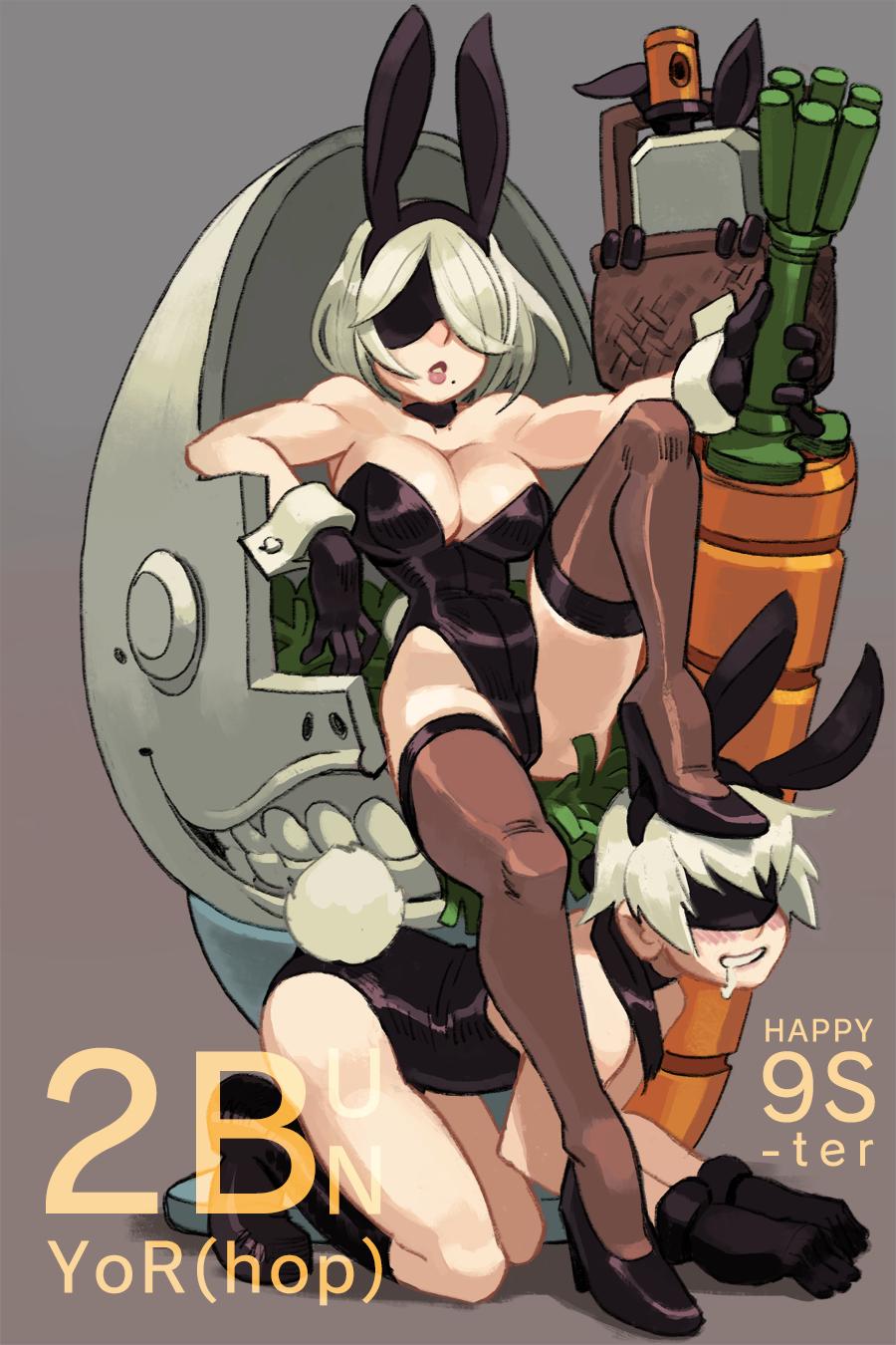 1boy 1girls alex_ahad blindfold bunny_ears bunny_tail bunnysuit easter femboy femdom foot_on_head heels large_breasts nier:_automata stockings white_hair yorha_2b yorha_9s