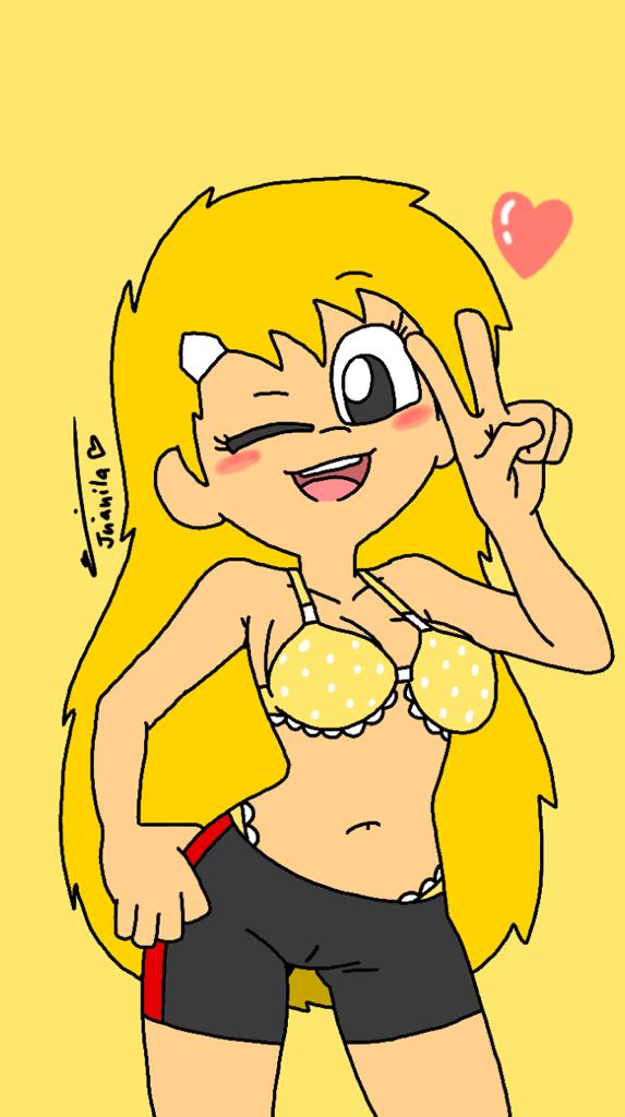 blush bra female heart juanila_(writers_crusaders) shirtless shorts simple_background solo_female wcjuan writers_crusaders yellow_bra yellow_hair