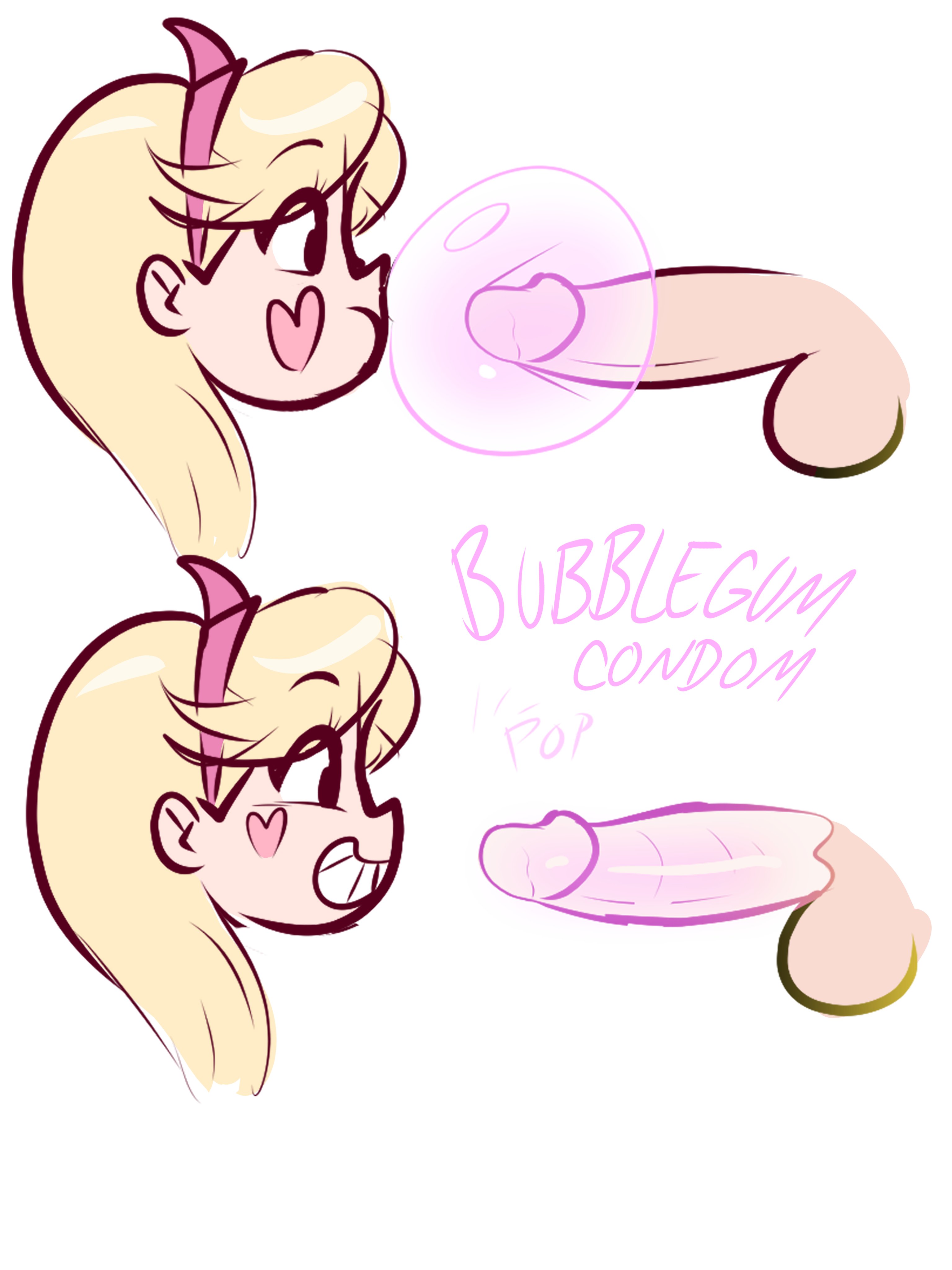 1boy, 1girls, applespicex, big penis, black eyes, blonde hair, blowing bubblegum, bubble gum, bubblegum condom, condom, disembodied head, disembodied penis, disney, disney channel, disney xd, female, grin, hairband, long hair, looking at penis, male, penis, plain background, smile, star butterfly, star vs the forces of evil, straight, text, white background