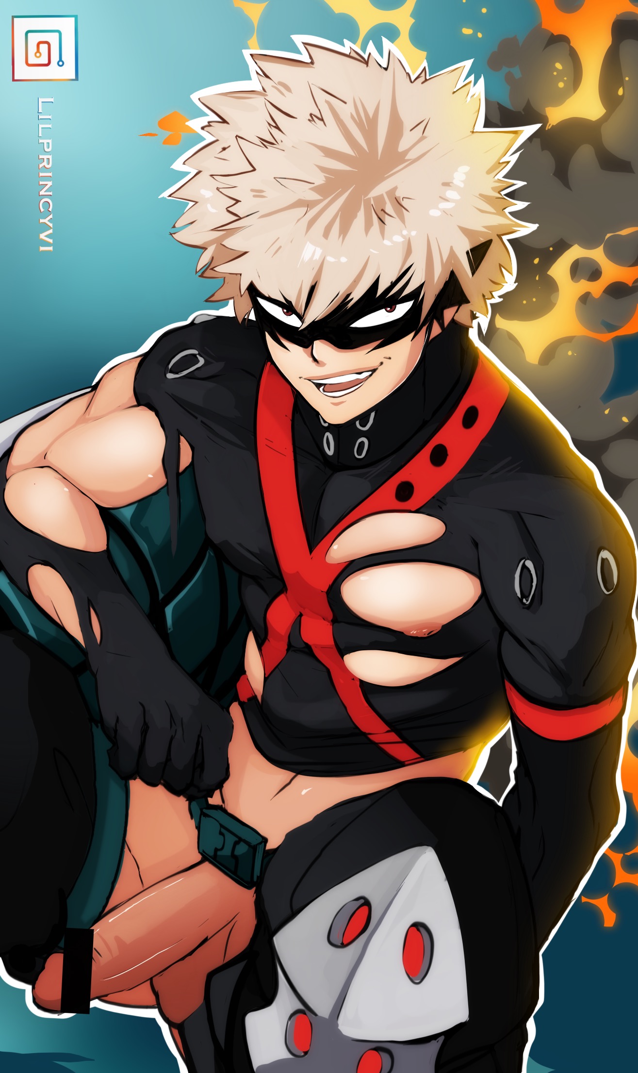 1boy, artist name, blonde hair, censor bar, censored, censored penis, clothes, clothing, dynamight, explosion, gay, gay male, genitals, hero outfit (mha), idoraad, katsuki bakugou, lilprincyvi, male, male focus, male only, mask, masked, my hero academia, open smile, penis, ripped clothing, solo, solo focus, solo male, yaoi