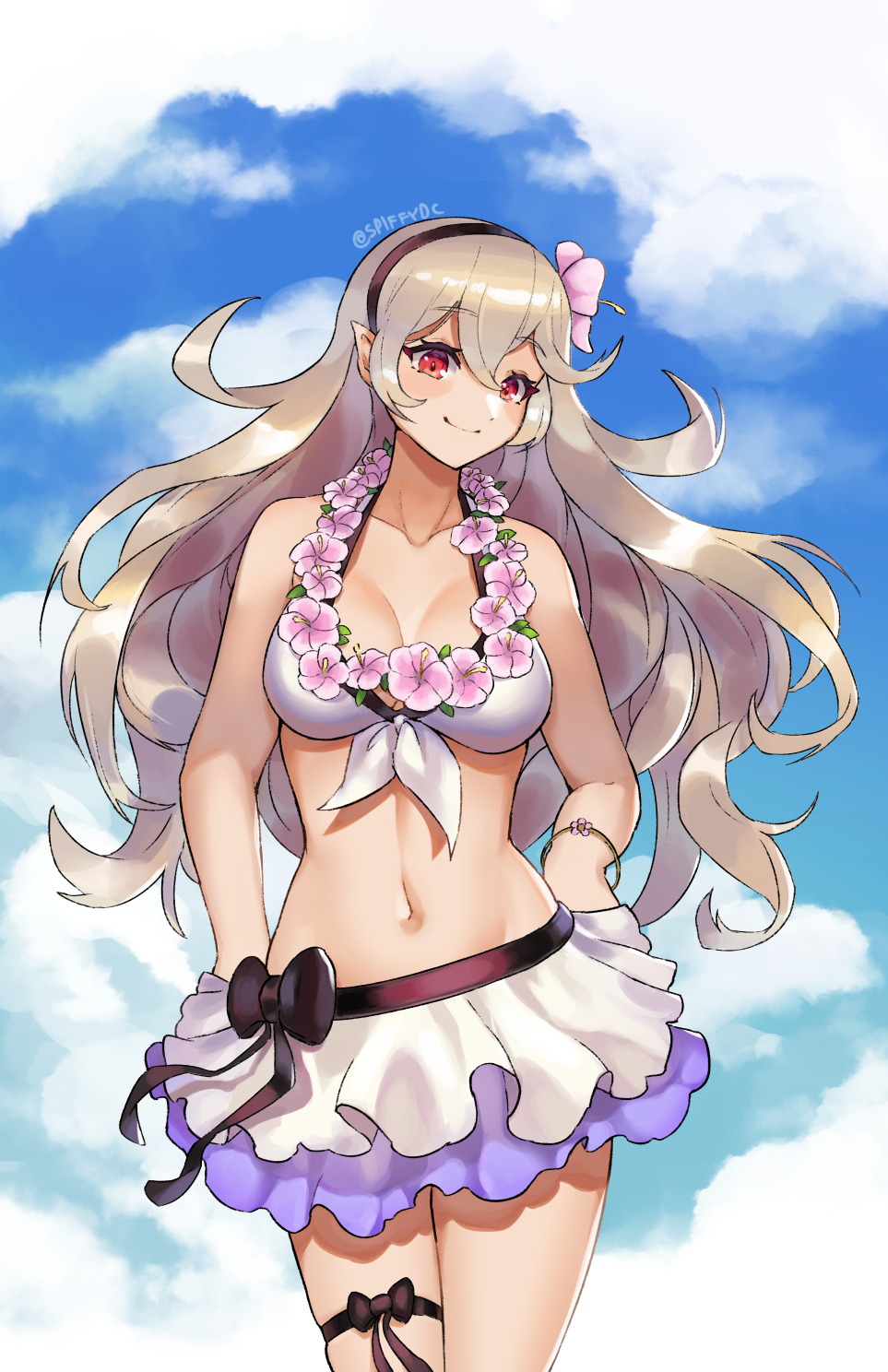 1girls alternate_costume bare_arms bare_midriff bare_shoulders bare_thighs big_breasts bikini bracelet breasts cleavage corrin_(fire_emblem) corrin_(fire_emblem)_(female) corrin_(summer)_(fire_emblem)_(female) female female_only fire_emblem fire_emblem_fates fire_emblem_heroes flower_necklace front-tie_bikini front-tie_top hands_on_hips human human_only lei light-skinned_female light_skin long_hair looking_at_viewer navel nintendo red_eyes smile smiling smiling_at_viewer solo solo_female spiffydc swimsuit white_bikini white_swimsuit wide_hips