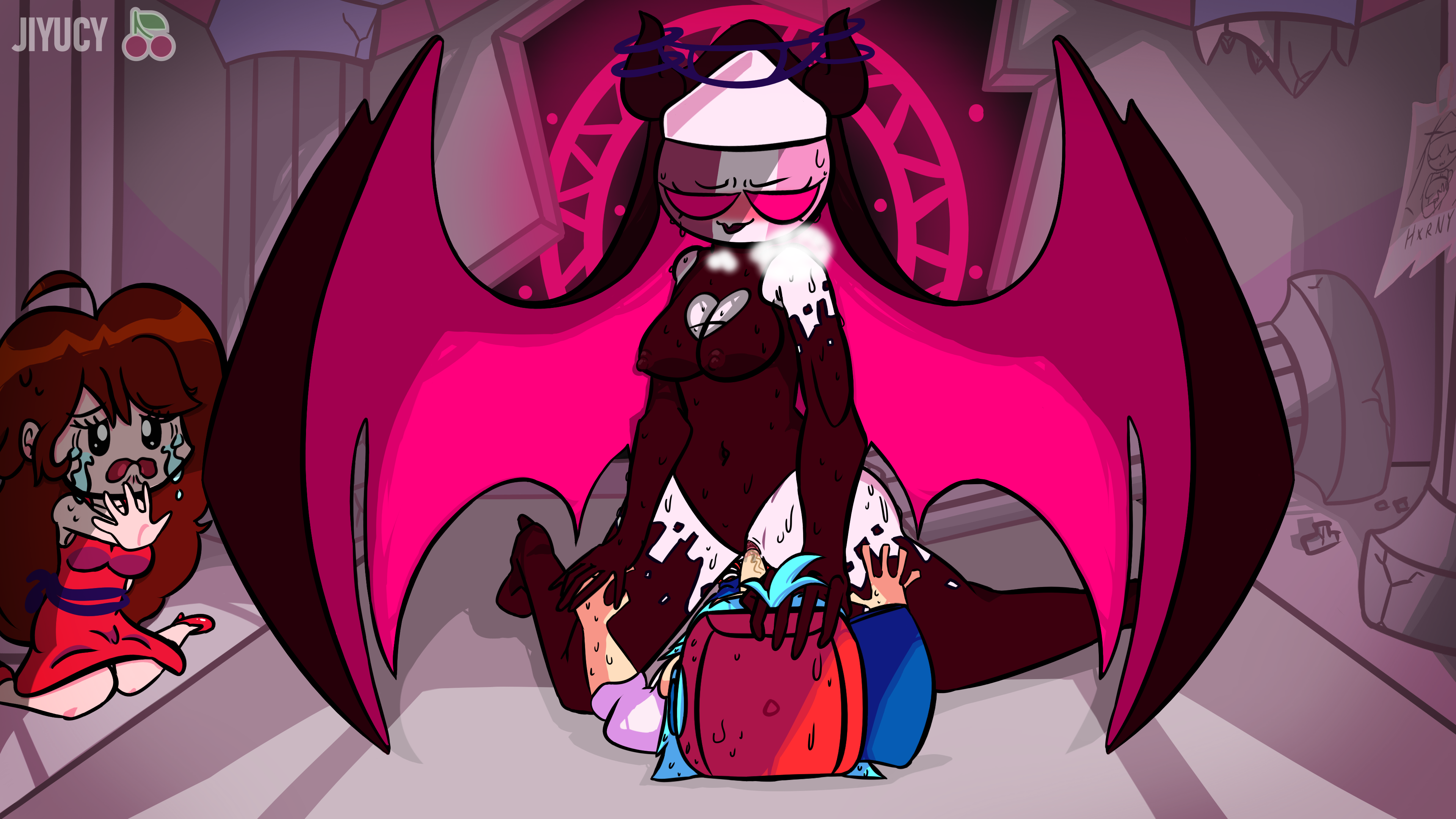 1boy, 2girls, blue hair, boyfriend (friday night funkin), brown hair, demon, demon girl, female, female on top, forced, friday night funkin, girlfriend (friday night funkin), hat, jiyucy, long hair, male, mid-fight masses, nun, nun's habit, pussy, sarvente (dokki.doodlez), sex, short hair, smaller male, sweat, tears, vaginal penetration, vaginal sex