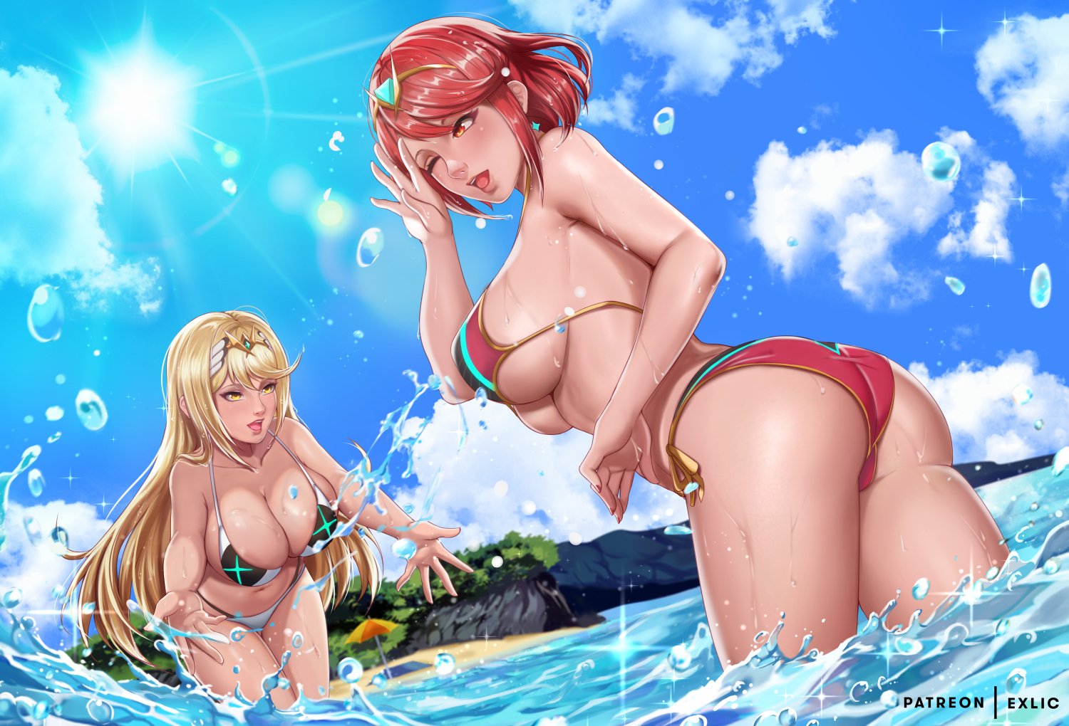 2girls, ass, big ass, big breasts, blonde hair, blue sky, blush, breasts, cleavage, exlic, female, female only, large breasts, long hair, mythra, nintendo, ocean, open mouth, outside, pyra, red hair, smile, splashing, water, xenoblade (series), xenoblade chronicles 2