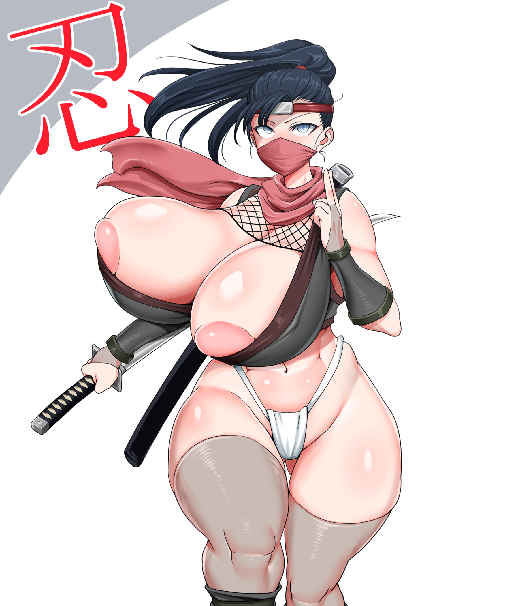 ahegao8, black hair, breasts, female, fundoshi, huge breasts, katana, mask, ninja, thighhighs