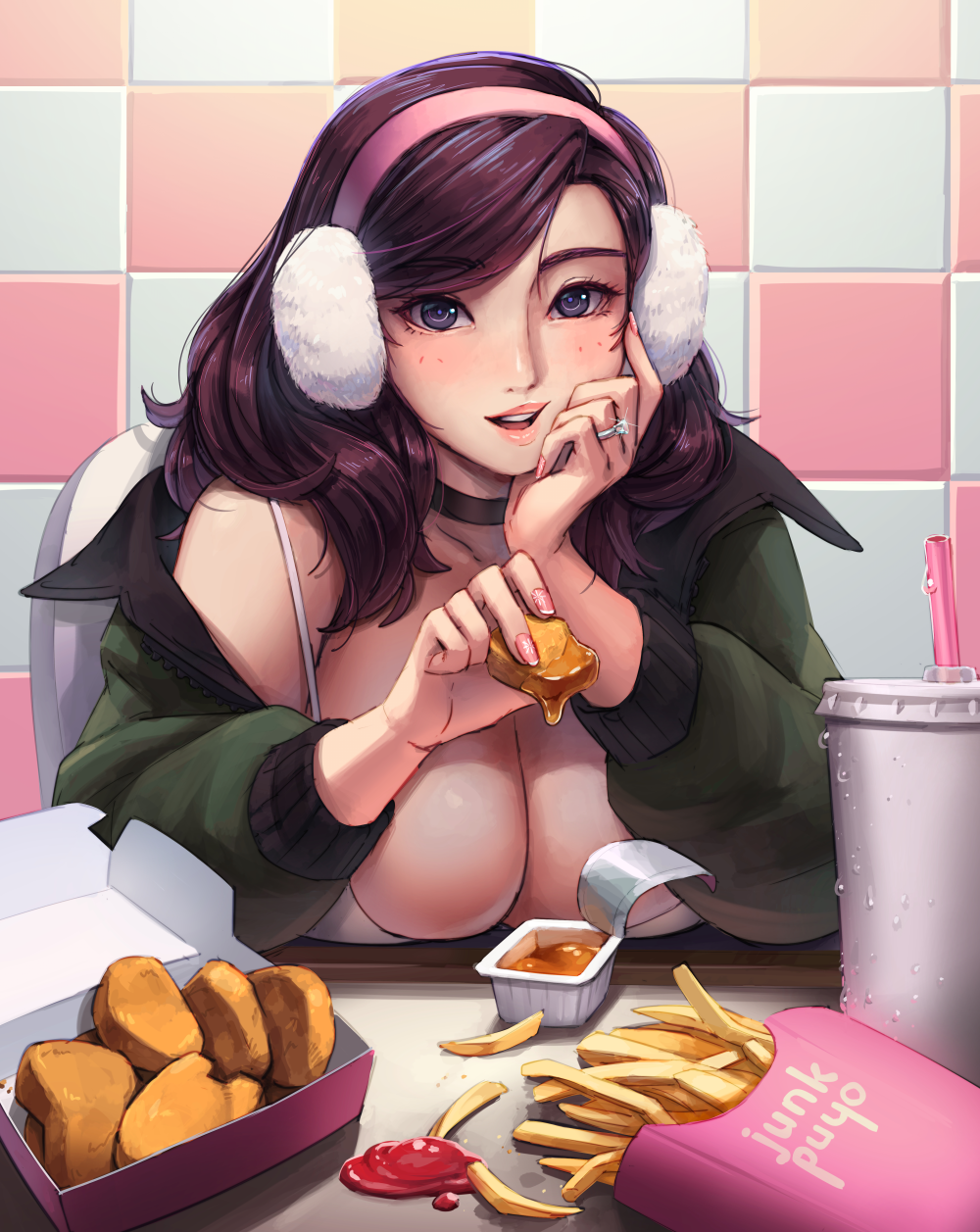 1girls artist_name beryl_(junkpuyo) big_breasts breasts chicken_nuggets cleavage earmuffs eyebrows_visible_through_hair female female_only food fries hairband huge_breasts junkpuyo ketchup large_breasts png pov pov_eye_contact solo wholesome