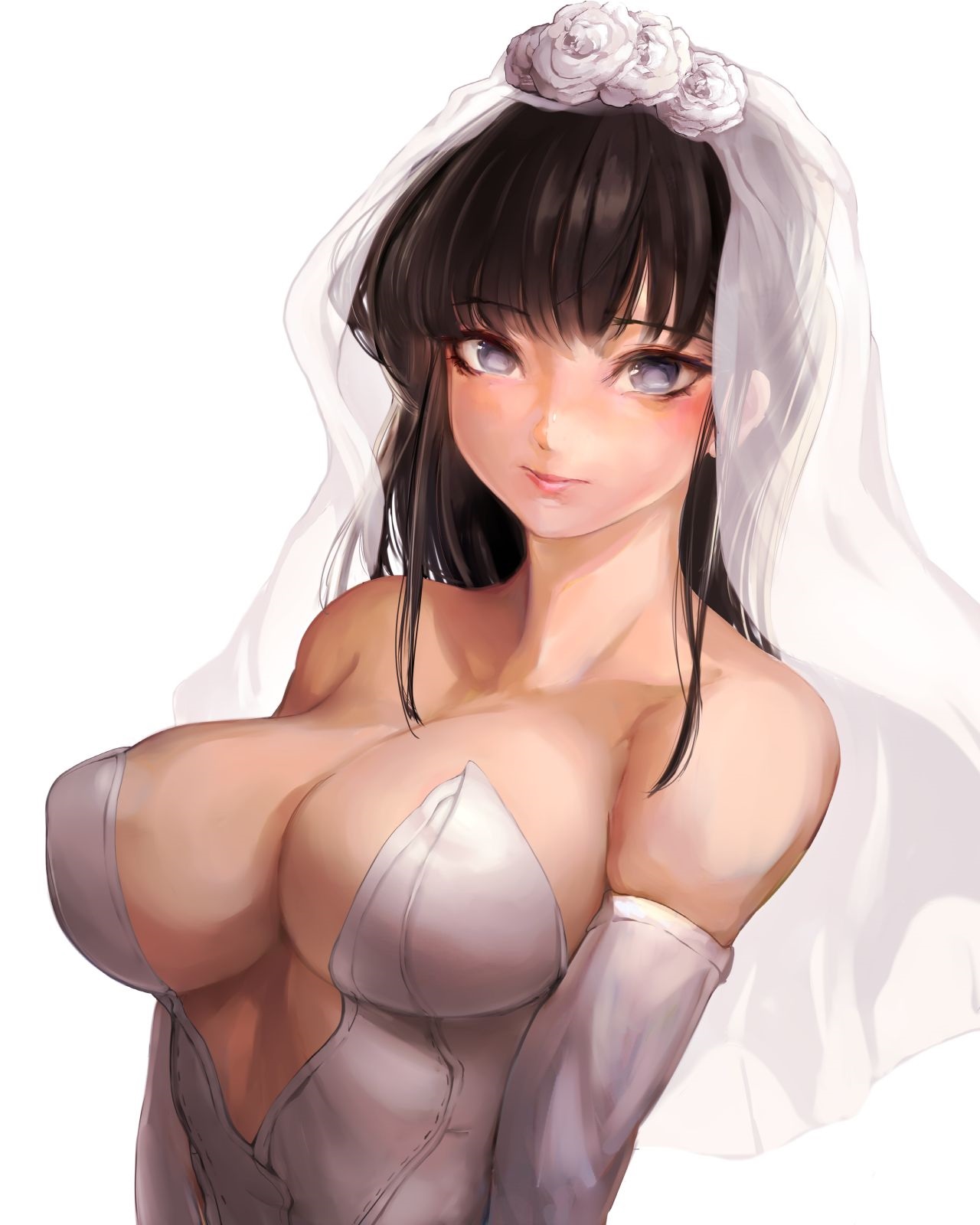 1girls, big breasts, black hair, breasts, clothed female, clothing, dress, female, komi shouko, komi-san wa komyushou desu, light skin, light-skinned female, long hair, looking at viewer, mamimi (mamamimi), no bra, open mouth, pov, pov eye contact, purple eyes, shoulders, smile, wedding dress