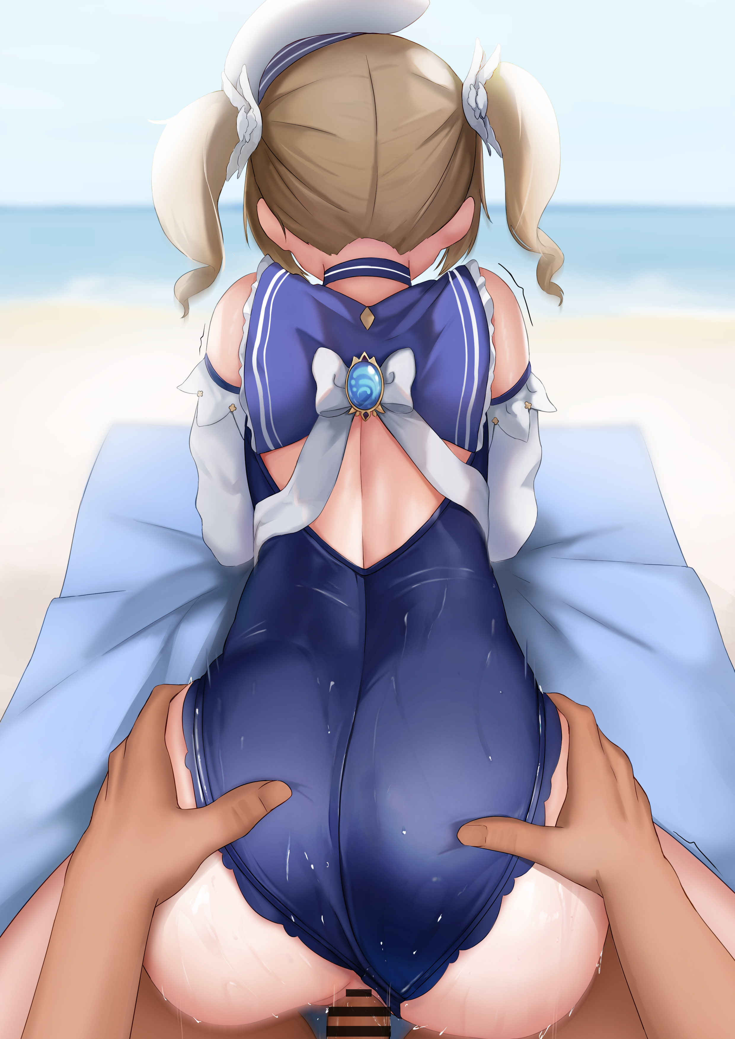 1girls, all fours, ass, ass grab, back, back view, bar censor, barbara (genshin impact), barbara (summertime sparkle) (genshin impact), bent over, big ass, blonde hair, bubble ass, bubble butt, censored, clothed sex, doggy style, erection, female, from behind, genshin impact, hair, hat, hi res, male, nun, one-piece swimsuit, penis, pov, pussy, sex, skai kun, swimsuit, twintails, vaginal penetration, wet