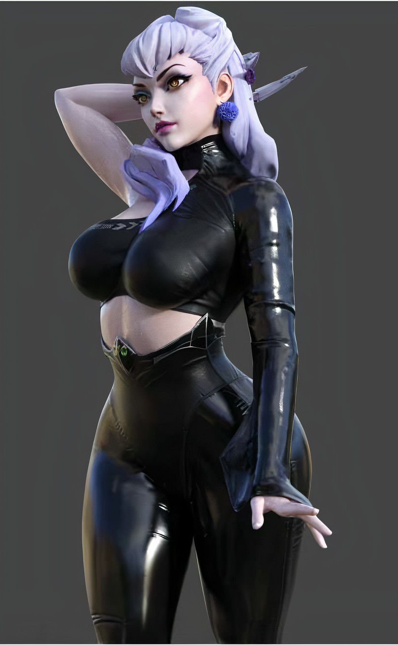 big breasts, breasts, evelynn, female, k/da all out evelynn, k/da all out series, league of legends, leggings, milapone, thick thighs, white hair, yellow eyes