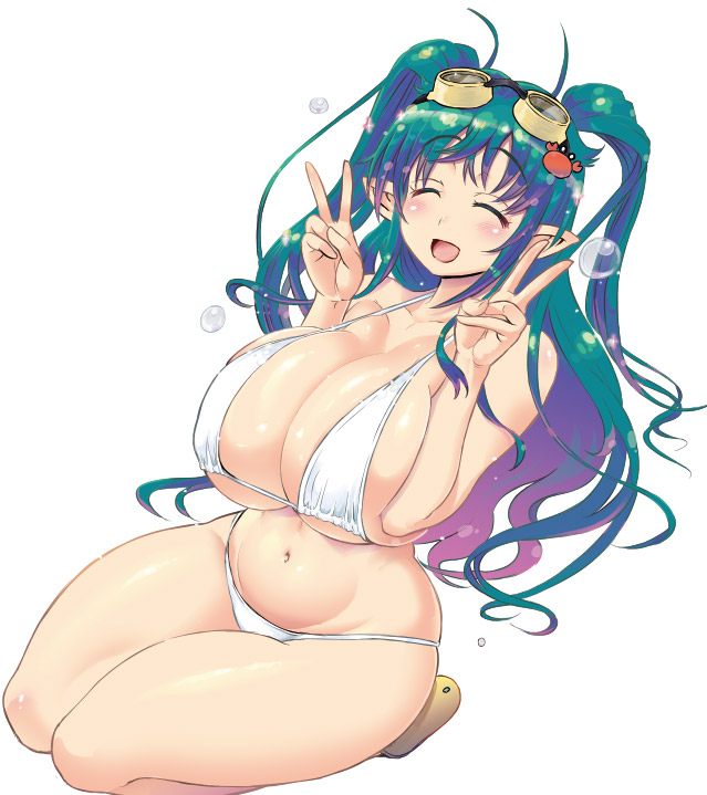 1girls 2014 anime-tamae!_tensei_no_miko big_breasts bikini bubbles cleavage closed_eyes folklore goggles green_hair huge_breasts iso-onna japanese_mythology mythology pointy_ears public_domain rebis thick_thighs thighs twintails youkai