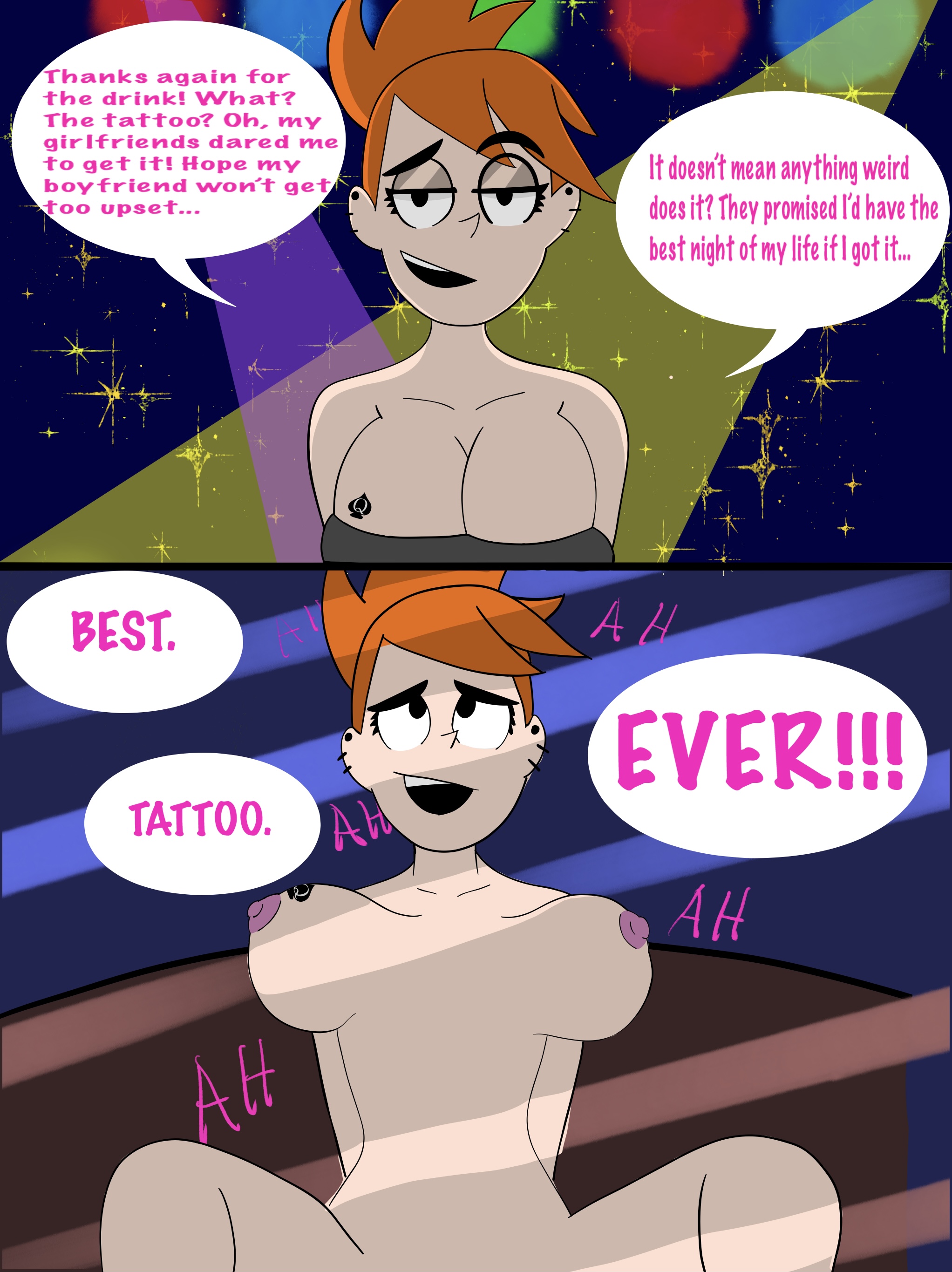 dark skin, dark-skinned male, female, foster's home for imaginary friends, frankie foster, instant loss 2koma, interracial, male, queen of spades, red hair, spade, tattoo