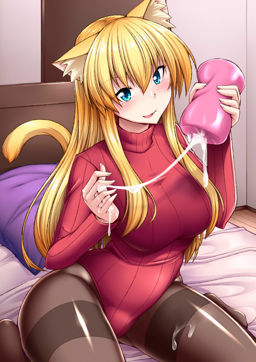 1girls after_masturbation animal_ears blonde_hair blue_eyes blush cat_ears cat_tail cum cum_drip cum_in_sex_toy cum_on_body cum_on_clothes cum_on_hand cum_on_thighs fangs leotard leotard_sweater nokoppa onahole original pantyhose sweater tagme tail wariza