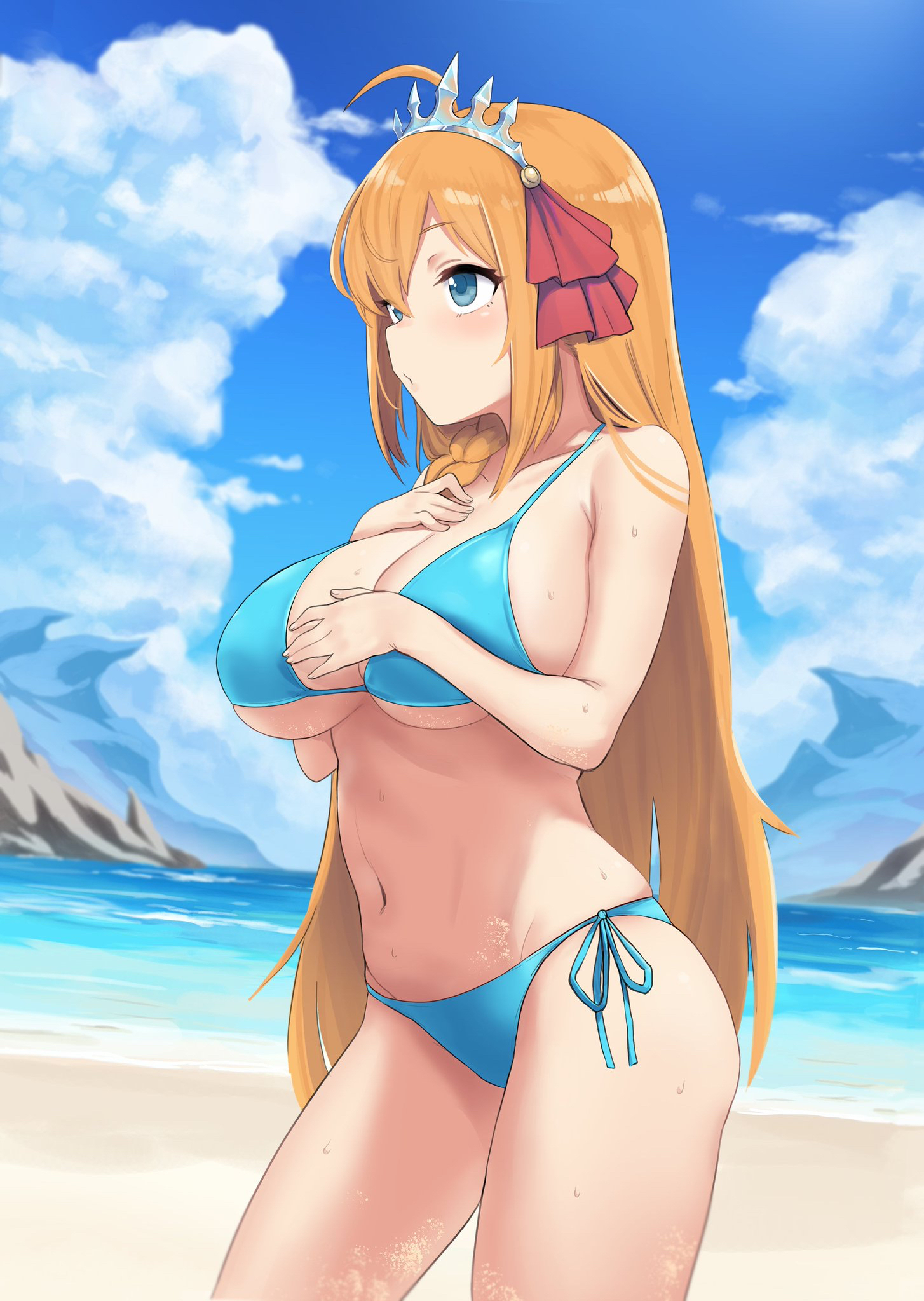 1girls, anthro, beach, big breasts, bikini, blue bikini, blue panties, breasts, chagama teishoku, cleavage, female, female only, human, large breasts, looking to the side, orange hair, pecorine, princess connect!, solo, solo female, solo focus