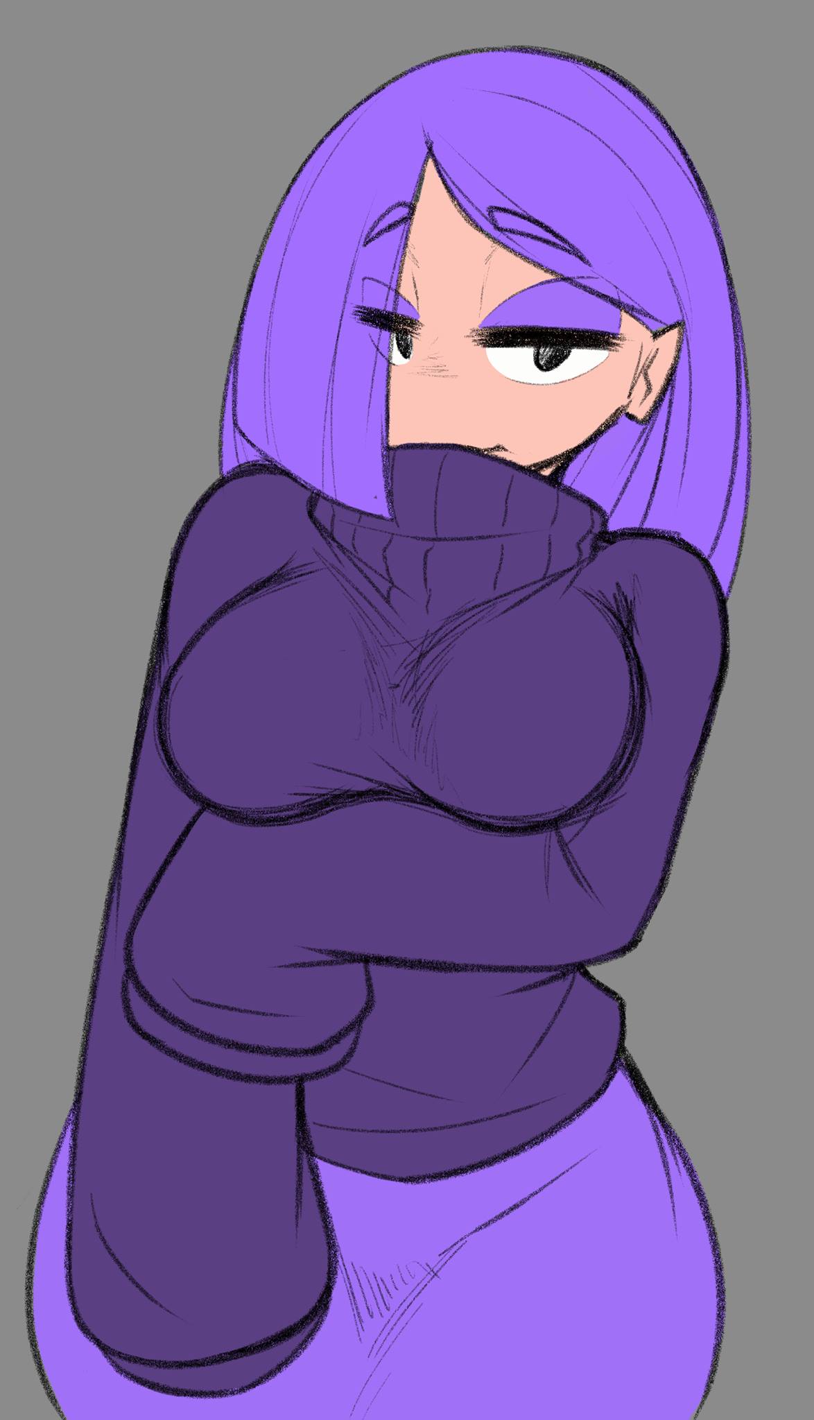 1girls arm_under_breasts ather-os ather_os blue_hair blush blushing_at_viewer breasts clothed duolingo emo emo_girl female female_only hair_in_face human human_only lily_(duolingo) purple_hair purple_sweater request sfw shy solo sweater