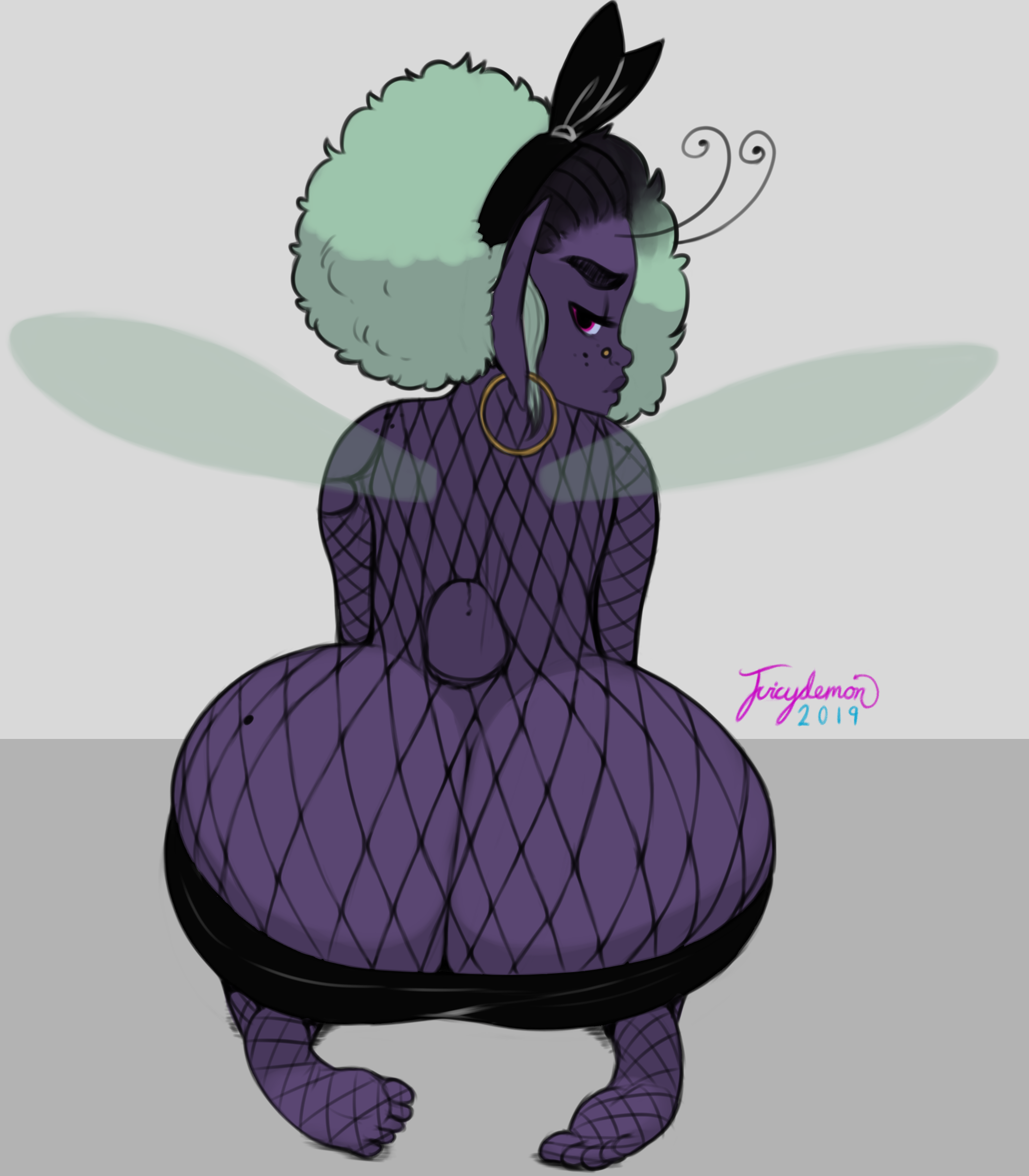 ass, ass cleavage, ass crack, big ass, butt crack, connie (juicydemon), fishnets, juicydemon, looking back, presenting hindquarters, purple skin, shortstack