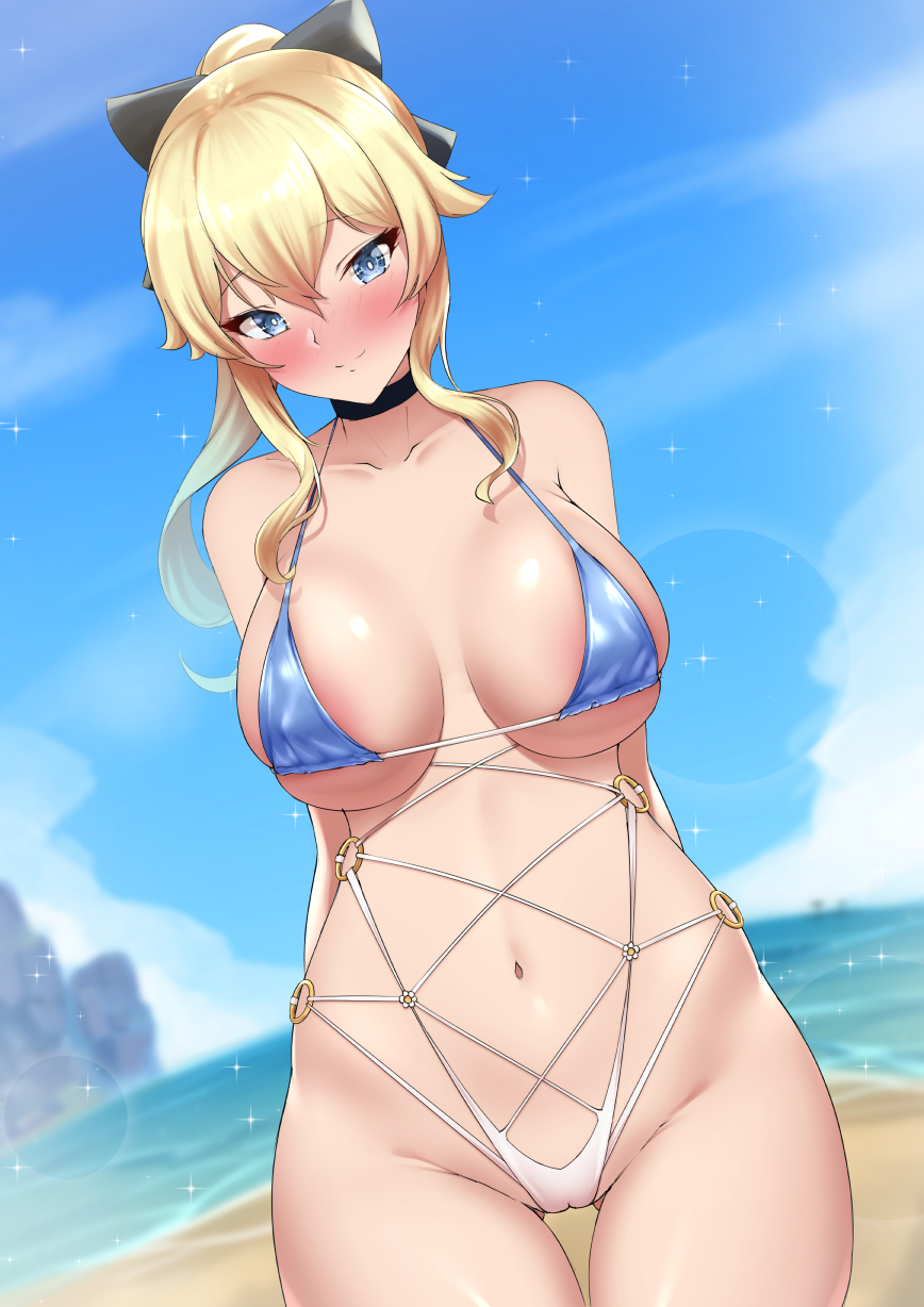 1girls, 2021, areola slip, areolae, arms behind back, ass visible through thighs, beach, belly button, bikini, black choker, blonde hair, blue bikini top, blue eyes, blue sky, blush, blushing at viewer, bow, bow in hair, breasts, cameltoe, choker, dearonnus, detailed background, female, female focus, female only, genshin impact, hips, jean gunnhildr, large areolae, large breasts, long hair, long ponytail, looking at viewer, micro bikini, mondstadt girls, ocean, outdoors, ponytail, pussy, sideboob, slim waist, smile, smiling at viewer, string bikini, swimsuit, thick thighs, thigh gap, thighs, underboob, water, white bikini bottom, wide hips