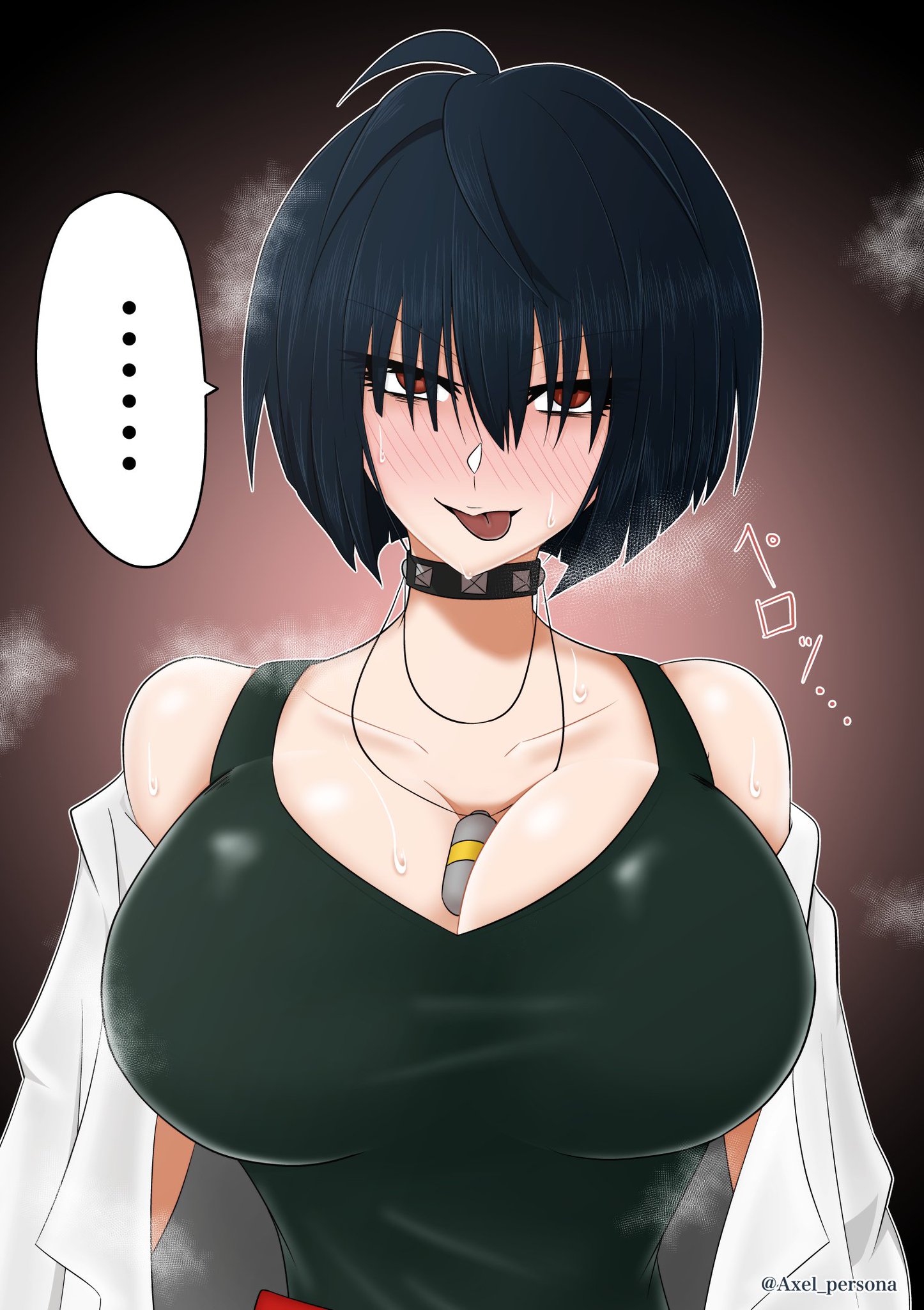 1girls, axel persona, big breasts, blush, breasts, choker, female, goth, huge breasts, large breasts, looking at viewer, necklace, persona, persona 5, speech bubble, sweat, sweatdrop, sweating, tae takemi, watermark