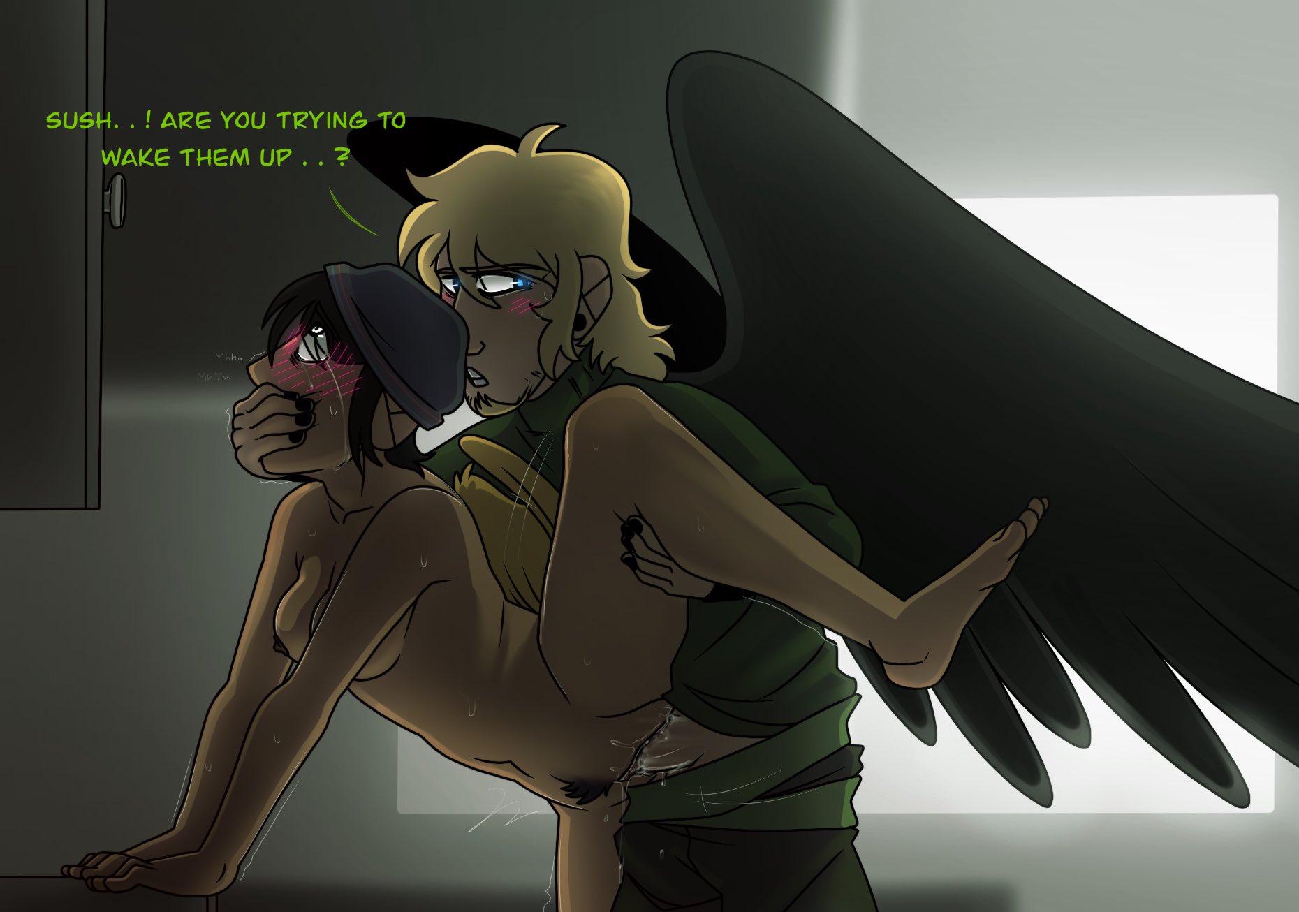 artist request, black wings, blush, breasts, clothed male nude female, completely nude, covering another's mouth, covering mouth, dream smp, english text, female, gagged, hand gagged, hand over another's mouth, hand over mouth, handgag, impregnation, leg lift, leg up, male, male to female, mcyt, minecraft, minecraft youtubers, muffled, naked, nude, nude female, one leg up, penetration, philza, pubic hair, pussy, quackity, rule 63, spread legs, tagme, tears, text, twitch, twitch streamer, twitch.tv, twitter, twitter username, vaginal penetration, wings, youtube, youtuber, youtubers