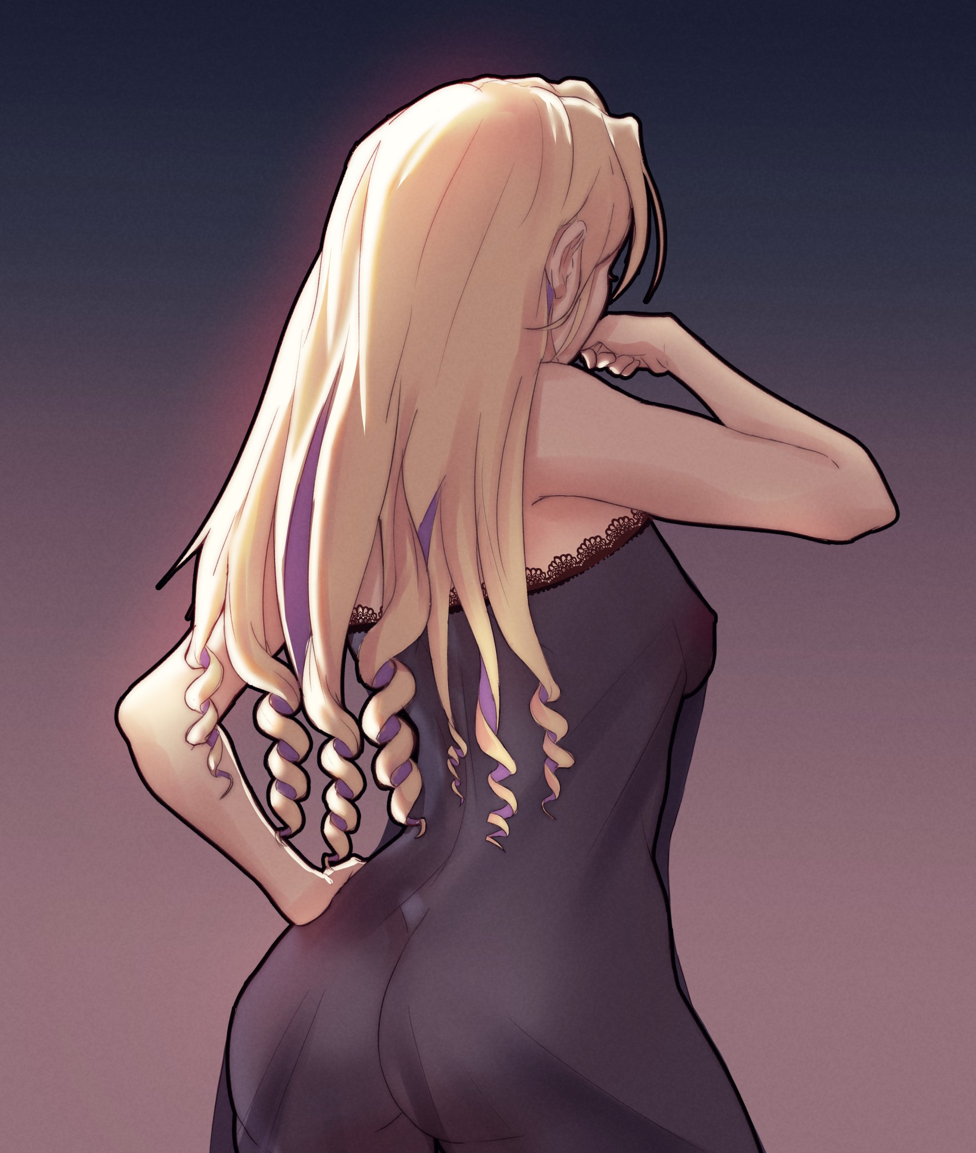 1girls, ass, back, back view, backboob, bare back, blonde hair, breasts, colored inner hair, constance von nuvelle, elegant, elegant female, female, fire emblem, fire emblem: three houses, large ass, lingerie, long hair, mature, mature female, medium breasts, multicolored hair, negligee, nightgown, nintendo, nipples, noble, noblewoman, pomelomelon, see-through, solo, solo female