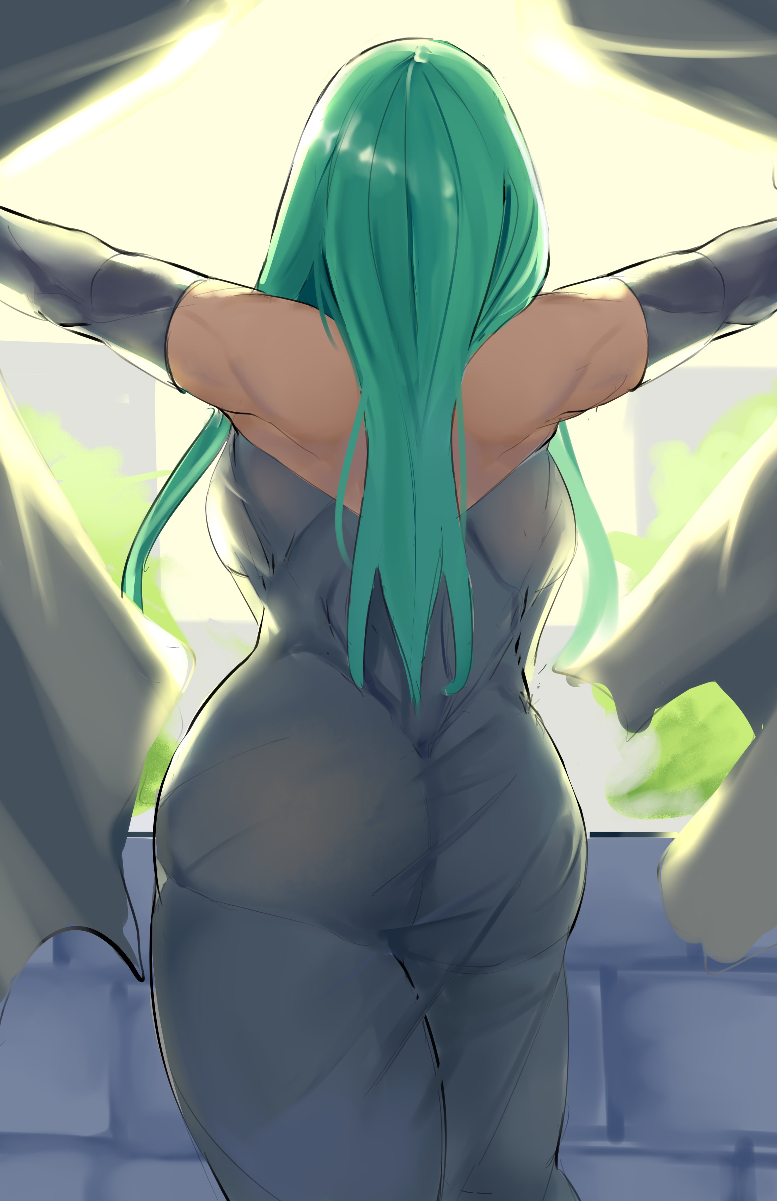 1girls, 2021, ass, back view, curtains, day, dress, female, fire emblem, fire emblem: three houses, green hair, huge ass, large ass, long hair, michael lavacca, nintendo, puzzled artist, rhea (fire emblem), solo, solo female, solo focus