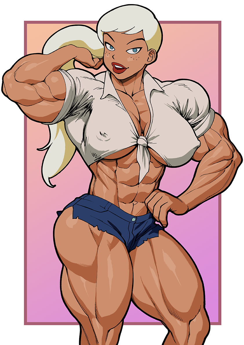 abs adjusting_hair batman:_the_animated_series batman_(series) blonde_hair breasts buff crop_top dc dc_comics dcau emmylou_brown extreme_muscles female front-tie_top large_breasts midriff muscular muscular_female pokkuti side_ponytail solo the_new_batman_adventures thick_thighs