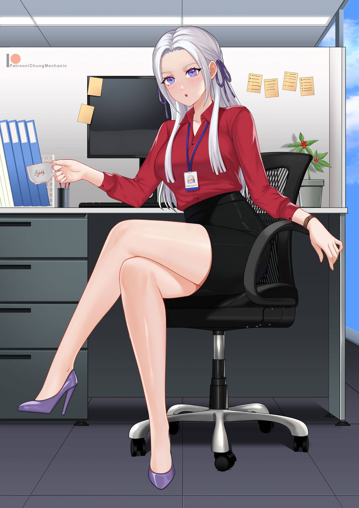 1girls, alternate breast size, bangs, blouse, blush, breasts, chungmechanic, collared shirt, contemporary, crossed legs, edelgard von hresvelg, female, female only, fire emblem, fire emblem: three houses, formal, fully clothed, gloves, hair ornament, high heels, highres, large breasts, long hair, looking at viewer, mature female, miniskirt, nintendo, office, office lady, pencil skirt, purple eyes, ribbon, shirt, skirt, skirt suit, solo, solo female, suit, watermark, white hair