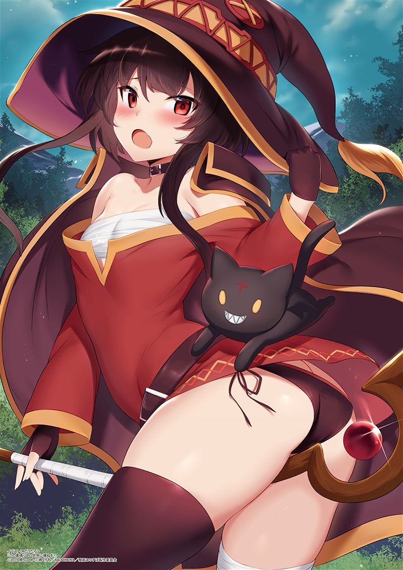 1girls ass black_panties black_stockings brown_hair chomusuke feline flushed kono_subarashii_sekai_ni_shukufuku_wo! m-da_s-tarou megumin red_eyes rogia shy stockings thighs witch witch_hat