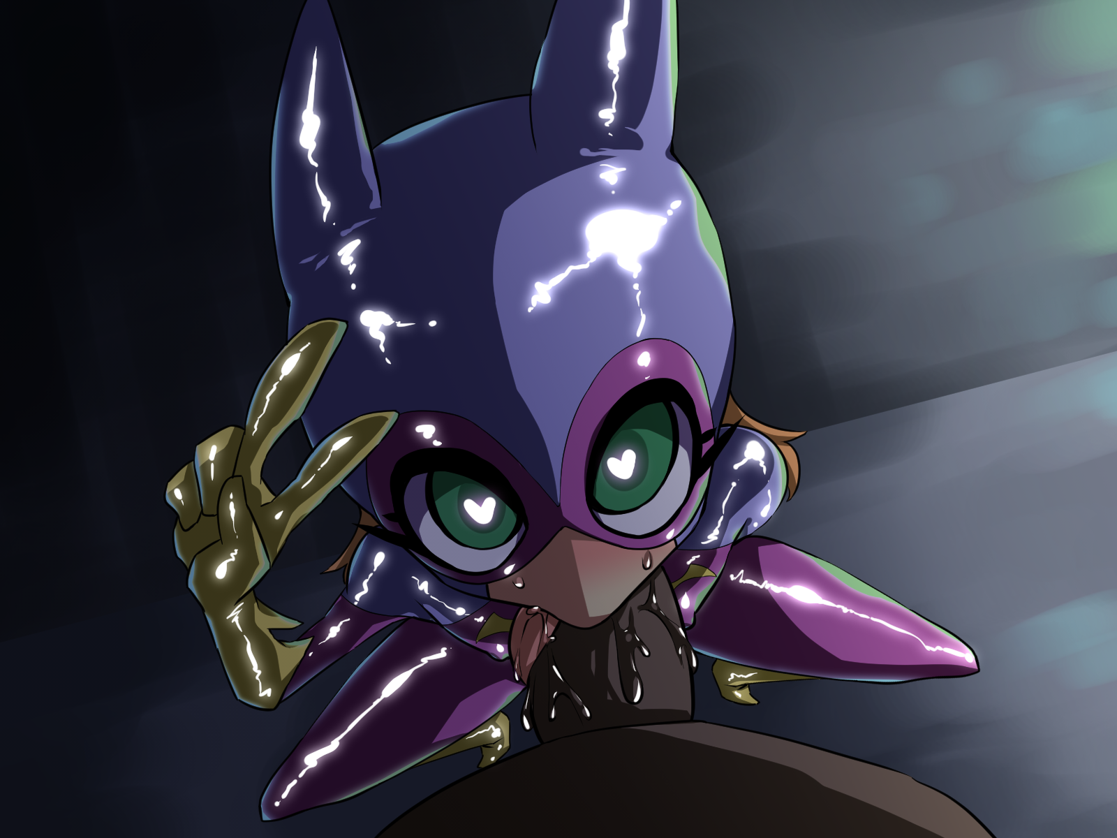 artist request, barbara gordon, barbara gordon (shg), batgirl, batgirl (barbara gordon), blowjob, dark skin, dark-skinned male, dc, dc comics, dc super hero girls, drooling, fellatio, female, heart-shaped pupils, interracial, male, oral, partial male, peace sign, tongue, tongue out, v