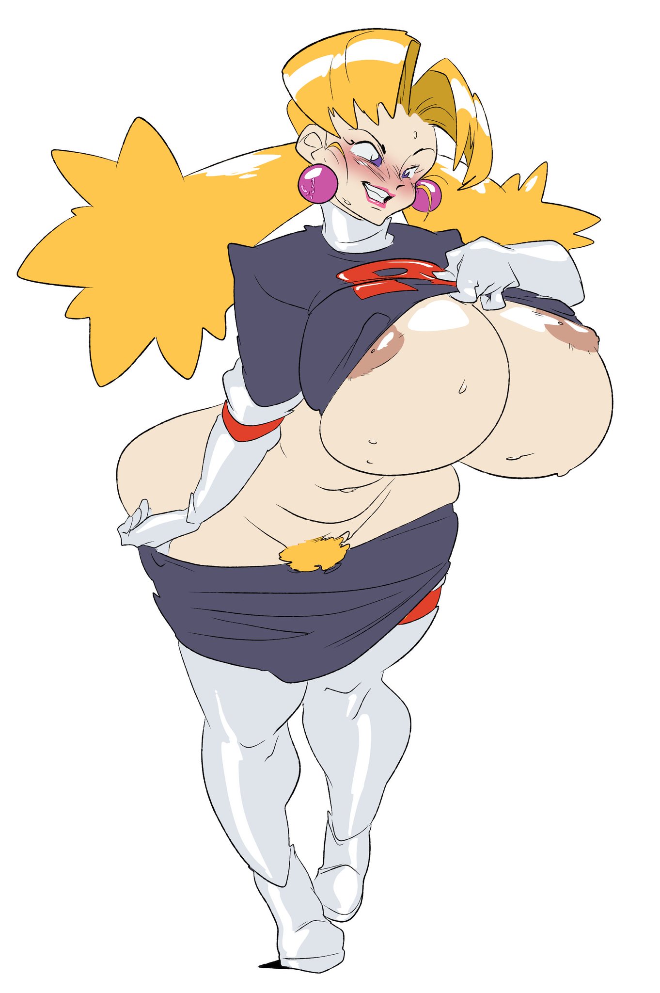 alternate breast size, belly, belly bulge, belly button, big breasts, blonde hair, blonde pubic hair, blush, boots, breasts, brown nipples, cassidy (pokemon), cleavage, cleavage overflow, earrings, exposed, exposed breasts, female, gloves, hairy pussy, hourglass figure, huge breasts, lipstick, milf, navel, nintendo, nipple peek, nipples, pokemon, pubes, pubes exposed, pussy, pussy hair, slb, sweat, sweatdrop, sweating, sweaty, team rocket, team rocket uniform, thick, tight clothes, tight clothing, tight fit, twintails