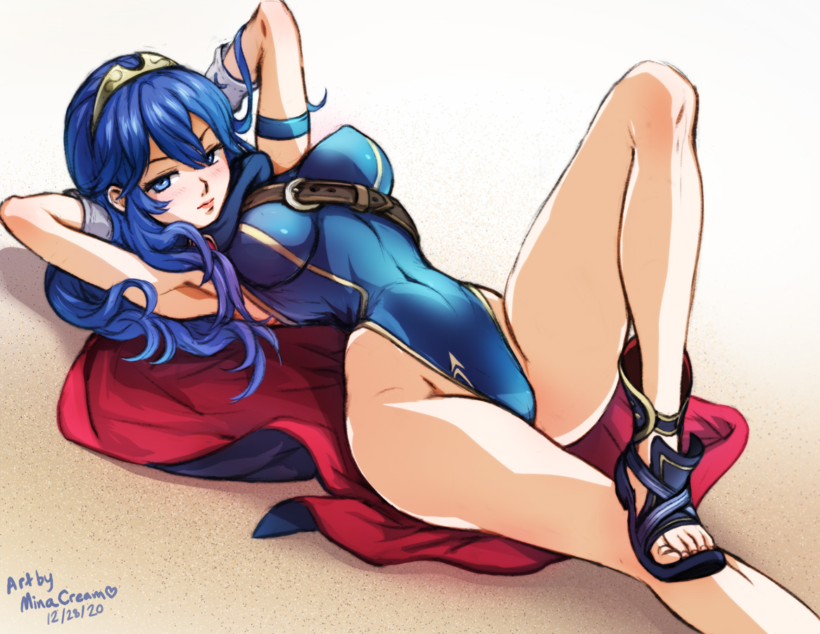 1girls, alternate costume, armpits, arms behind head, arms up, artist name, bare legs, belt, blue eyes, blue footwear, blue hair, blue swimsuit, breasts, cape, closed mouth, dated, deep armpits, english text, female, female only, fire emblem, fire emblem awakening, frown, long hair, looking at viewer, lucina (fire emblem), lying, medium breasts, minacream, nintendo, on back, on ground, one-piece swimsuit, pose, sand, sandals, solo, swimsuit, toenails, toes, two-tone cape, v-shaped eyebrows