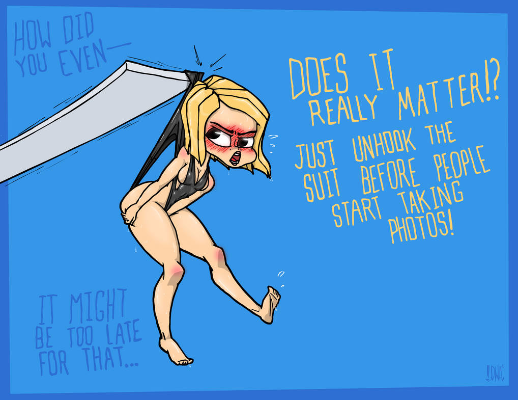 1girls artist_logo blonde_hair blush breasts cleavage clothes_stuck_on_object dialogue digitalwedgieart embarrassed english_text female female_only hanging_wedgie humiliation large_breasts one-piece_swimsuit predicament_bondage swimsuit text wedgie